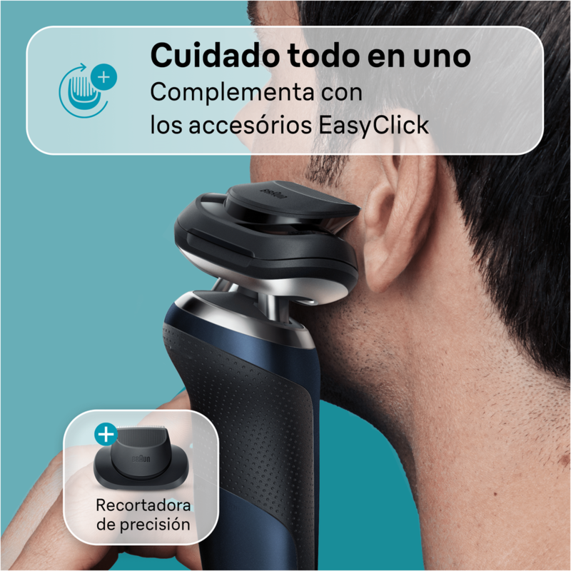 Hombre afeitándose con una afeitadora eléctrica Braun. Primer plano muestra la afeitadora y un recortador de precisión.