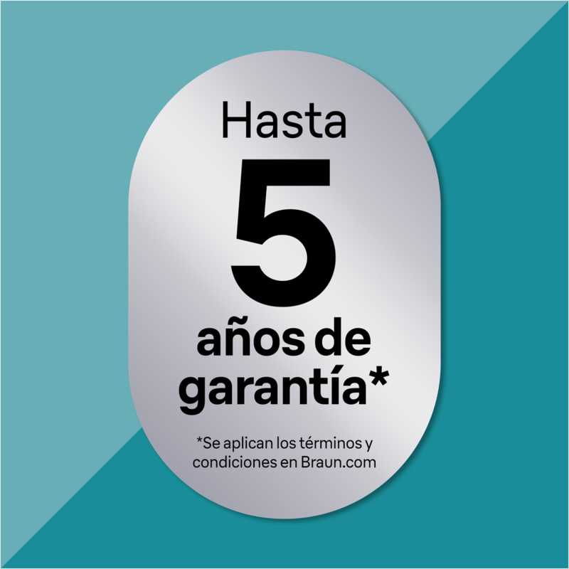 Óvalo plateado con texto: Hasta 5 años de garantía sobre fondo turquesa.