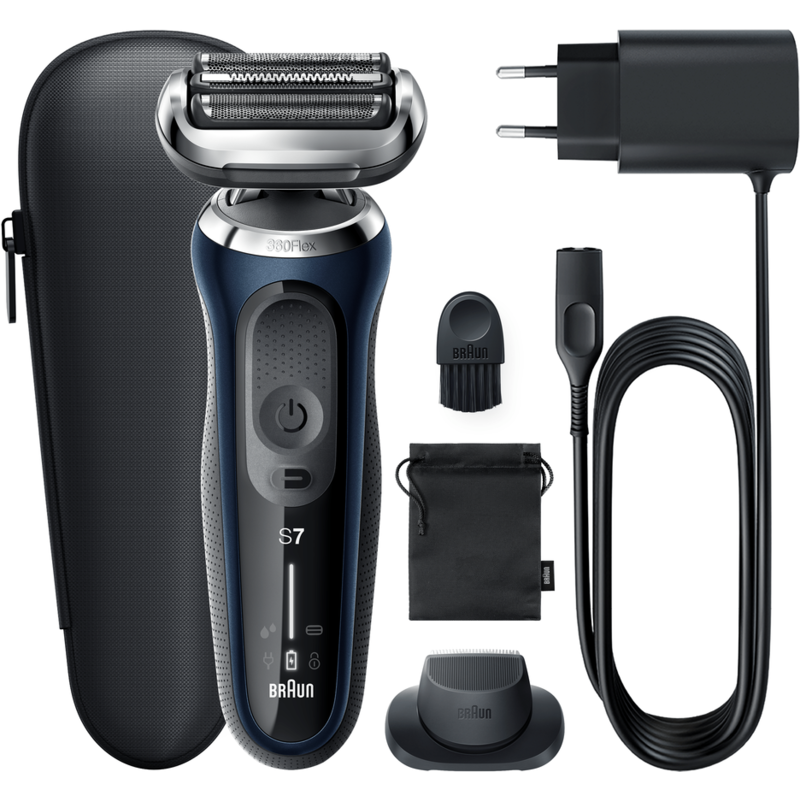 Una afeitadora eléctrica para hombres y accesorios. La afeitadora es azul y negra, con base de carga y funda.