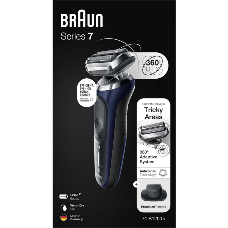 Afeitadora eléctrica Braun Series 7. Diseño azul y plateado. Características: 360° Flex, AutoSense, PrecisionTrimmer.