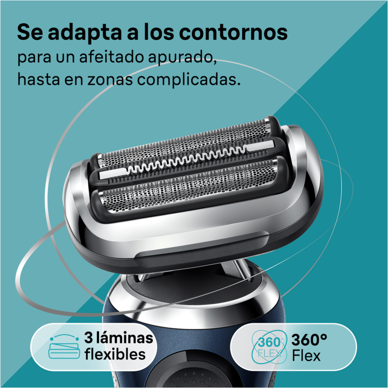 Cabezal de afeitadora eléctrica con tres cuchillas flexibles y texto sobre un afeitado apurado.