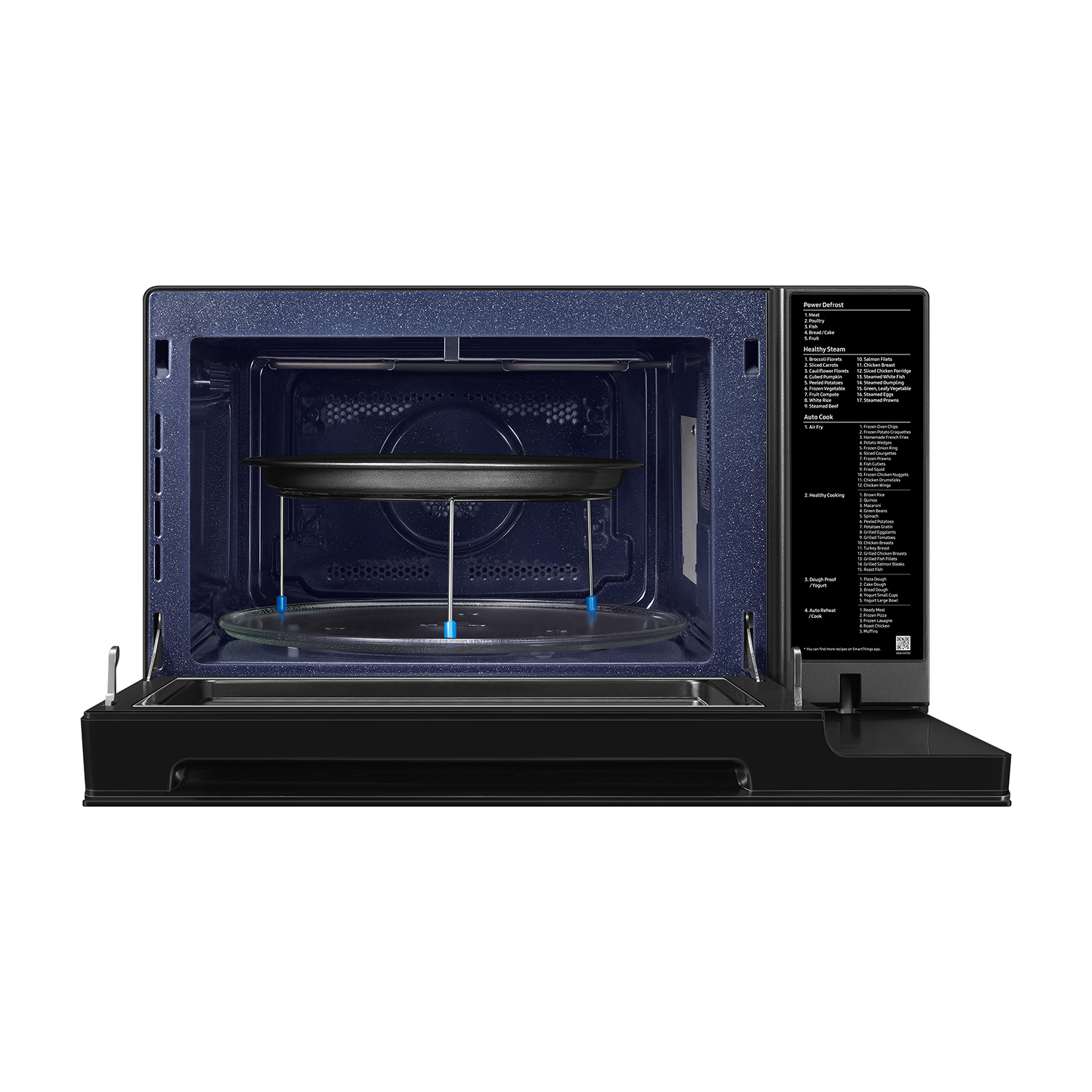 Un forno a microonde aperto con un piatto di vetro e una griglia all'interno, e un pannello di controllo laterale.
