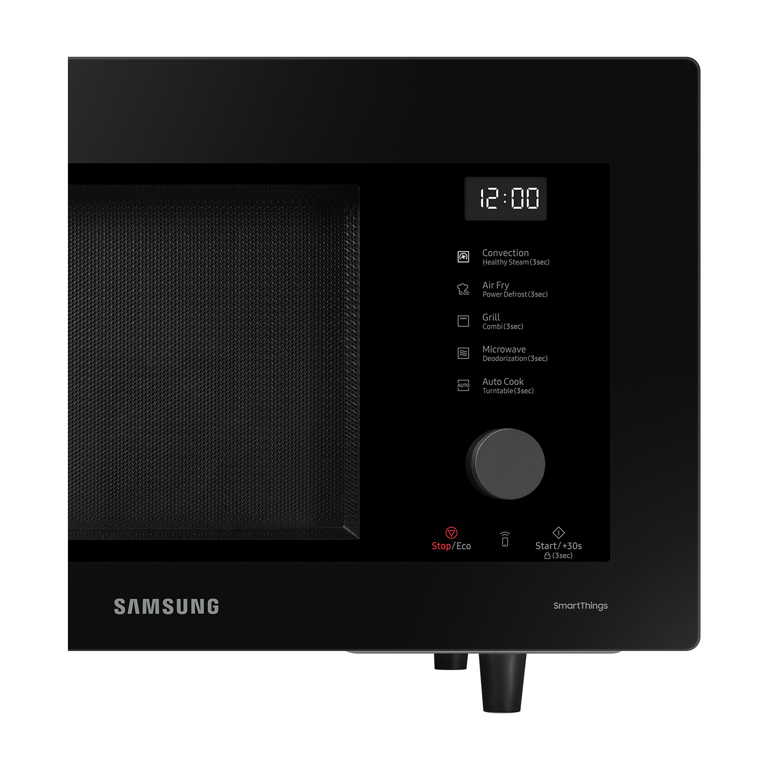 Forno a microonde Samsung nero con orologio digitale e pannello di controllo.