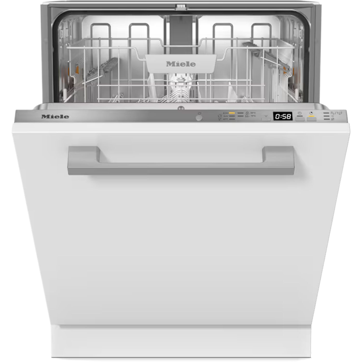Witte Miele vaatwasser met de deur open, met de binnenste rekken zichtbaar.