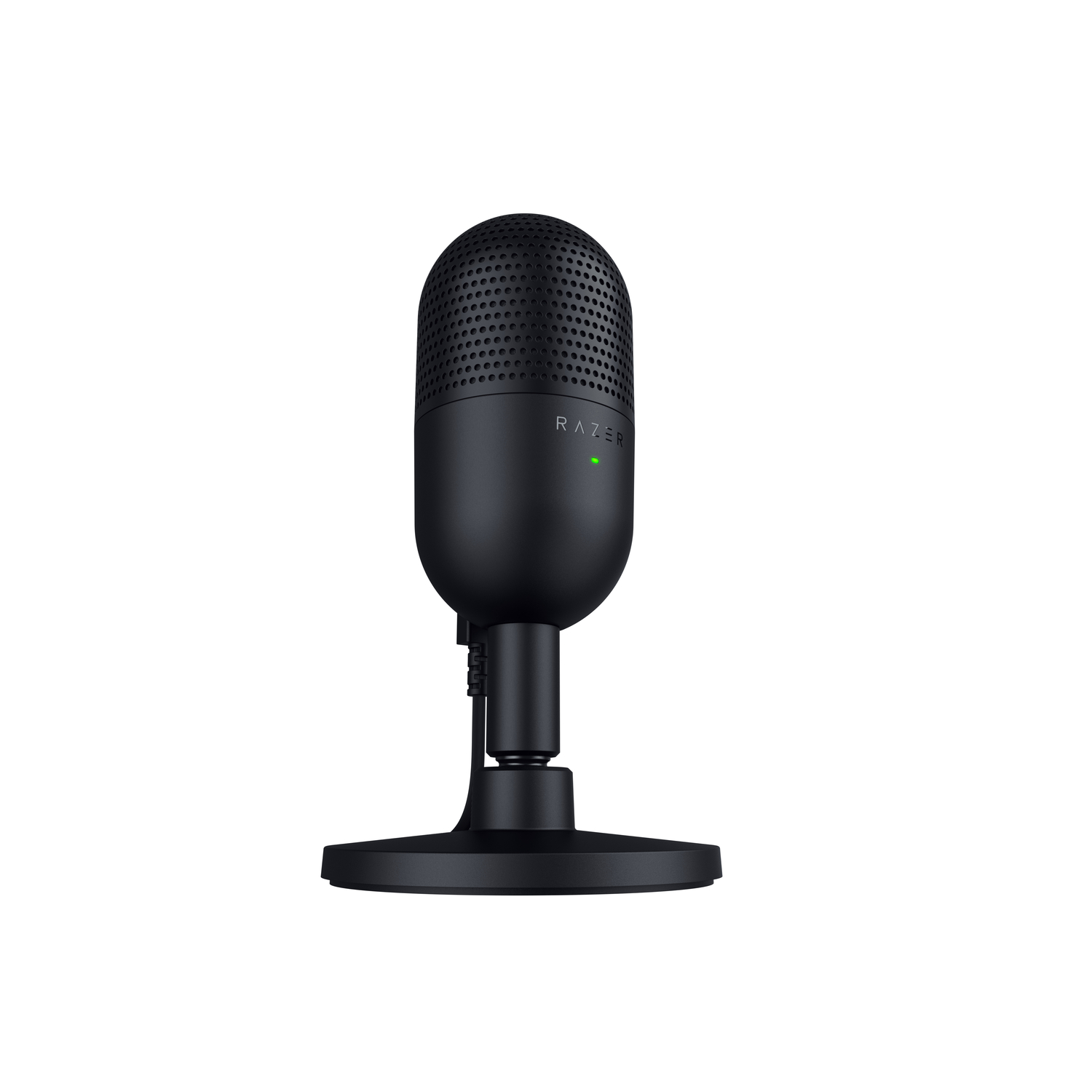 Microphone Razer noir sur pied, avec voyant vert.