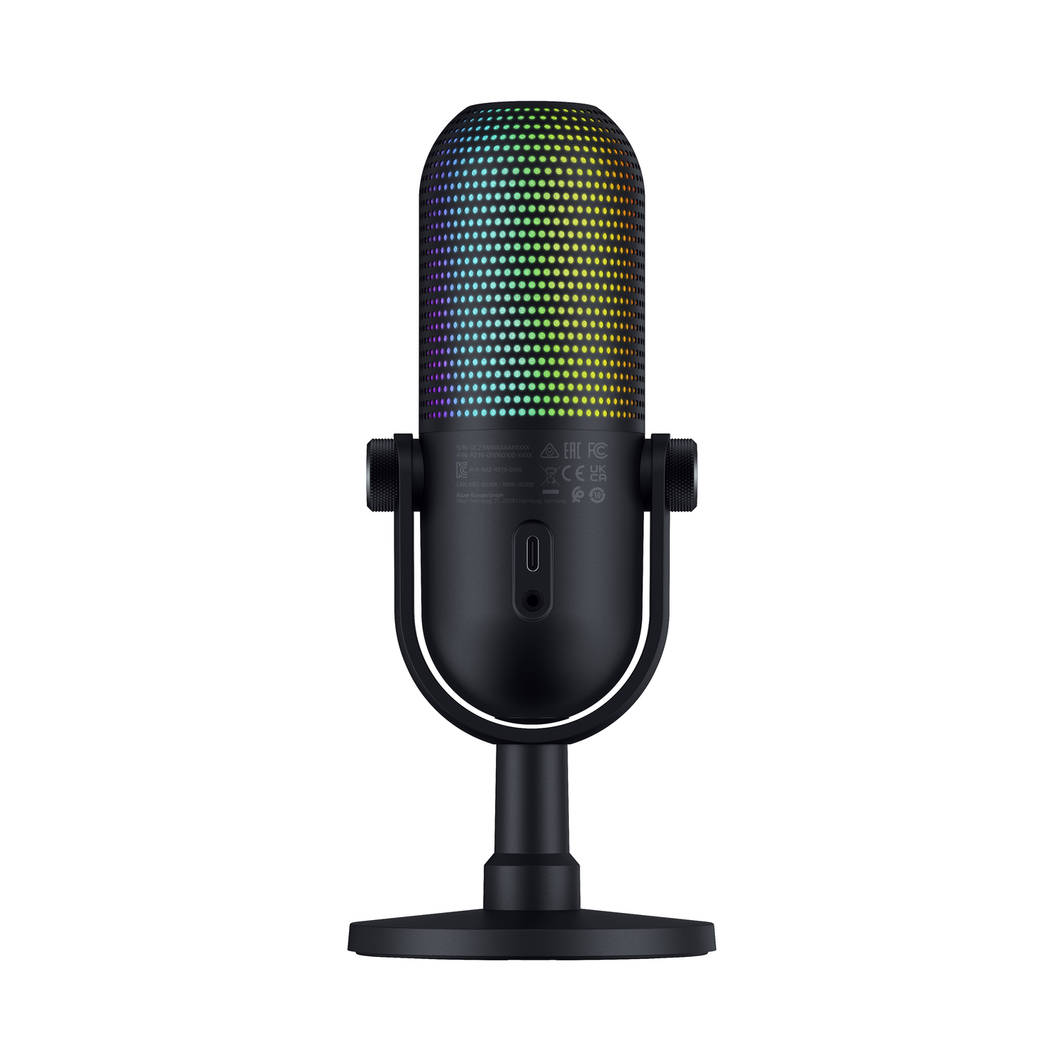 Zwarte microfoon op een standaard. Het heeft een gekleurde mesh bovenkant en een USB-C-poort.
