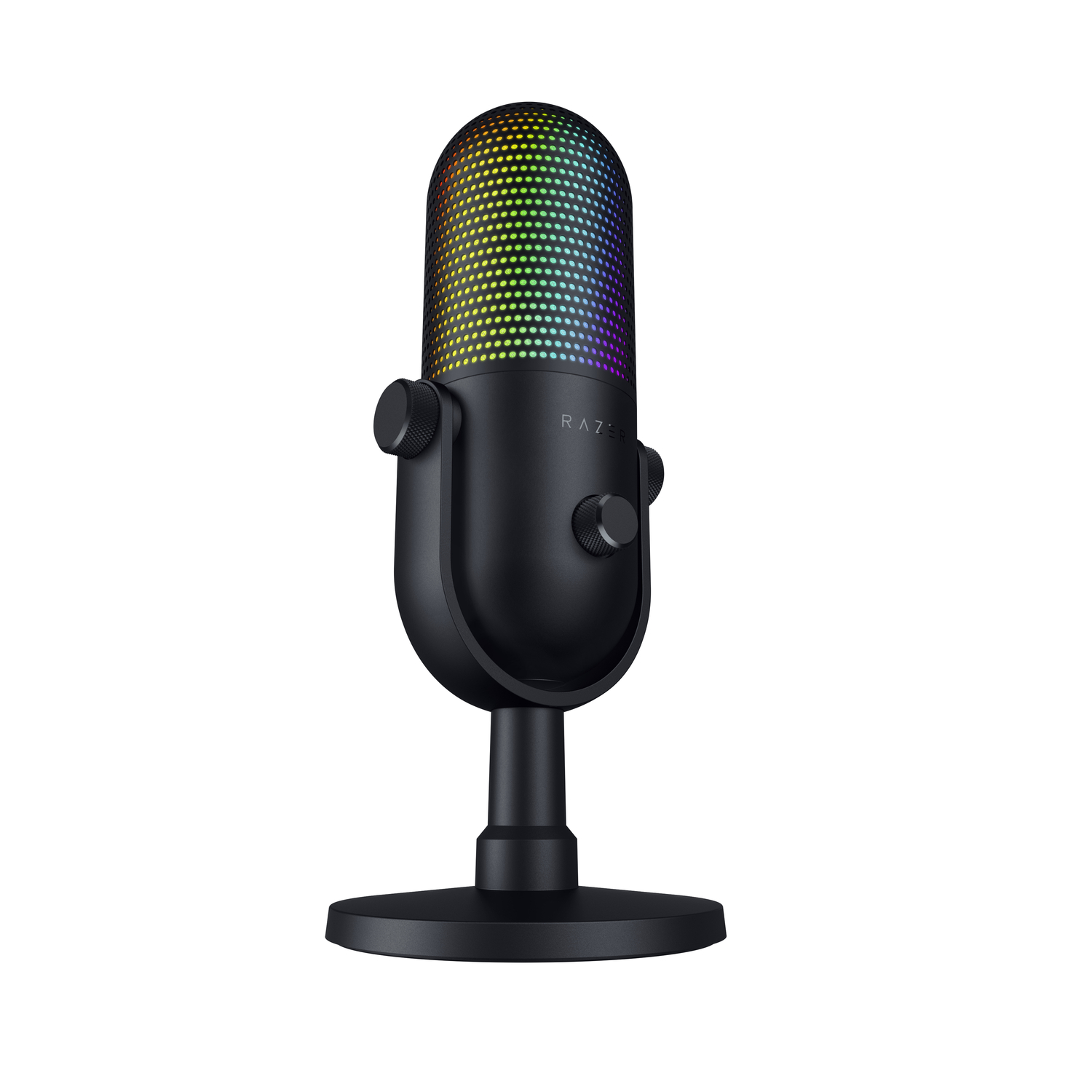 Zwarte microfoon met regenboogkleurige grill op een zwart statief.