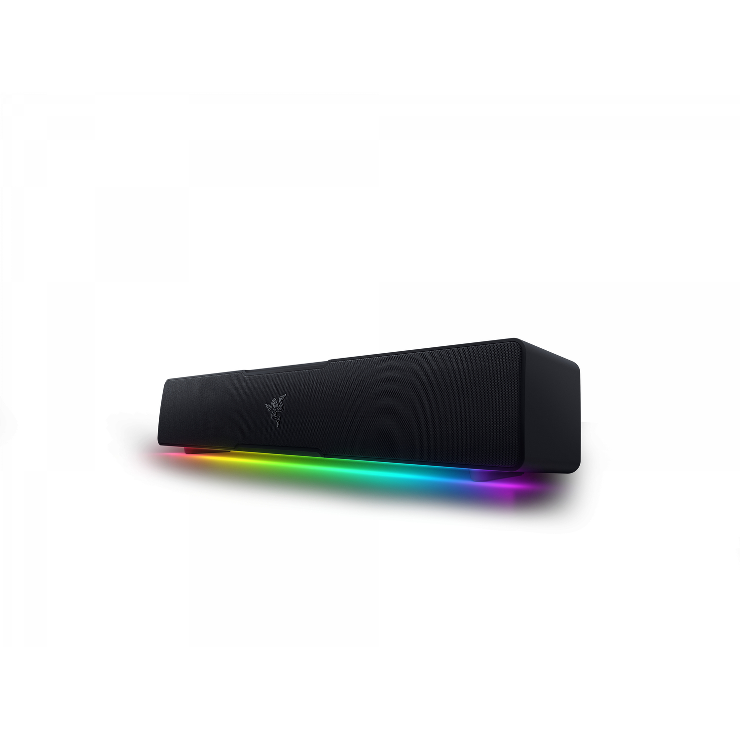 Black soundbar with a Razer logo and colorful lights along the bottom, isolated on a white background.