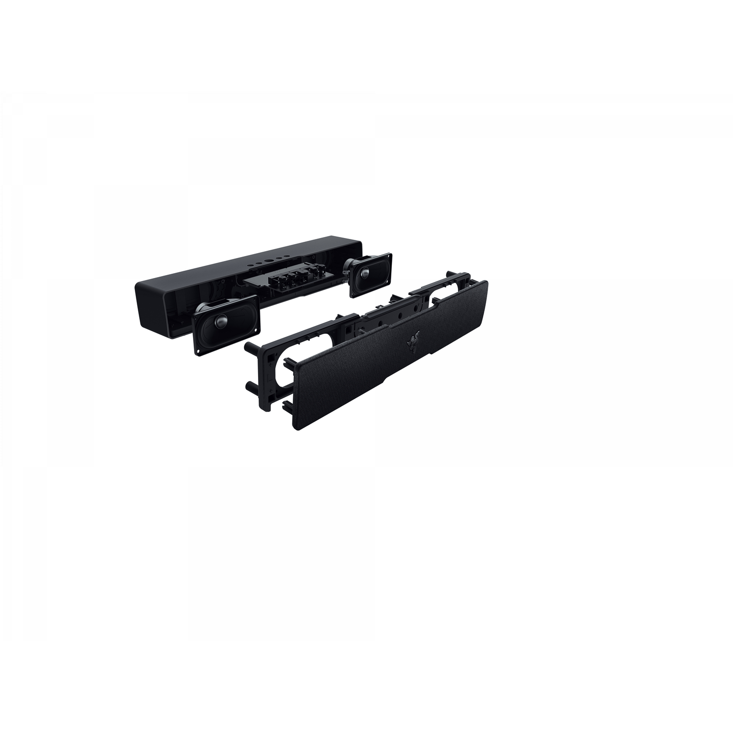 Soundbar components. Speakers and internal parts of the sound bar are displayed against a white background.