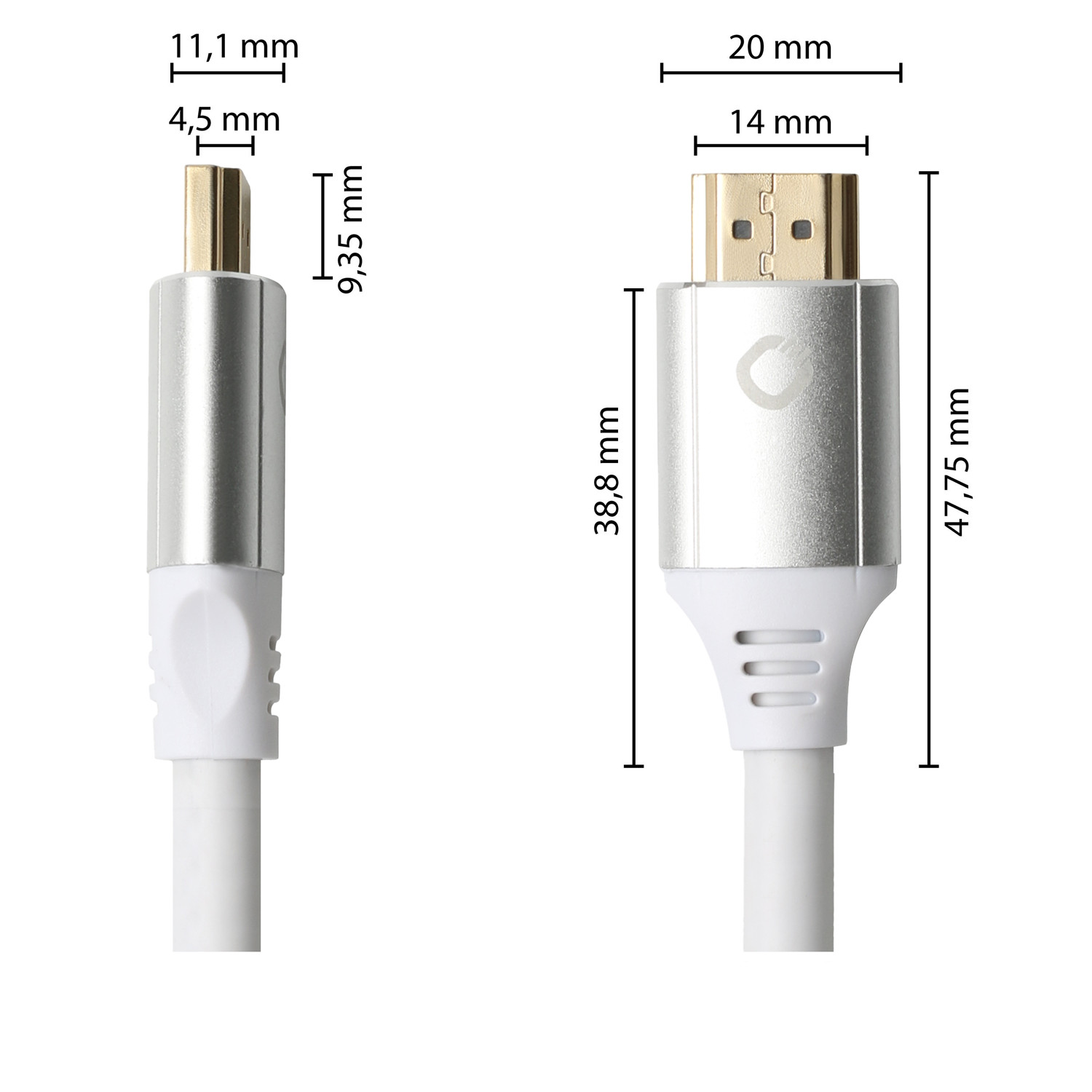 Deux connecteurs HDMI avec mesures. Un argenté, un doré.