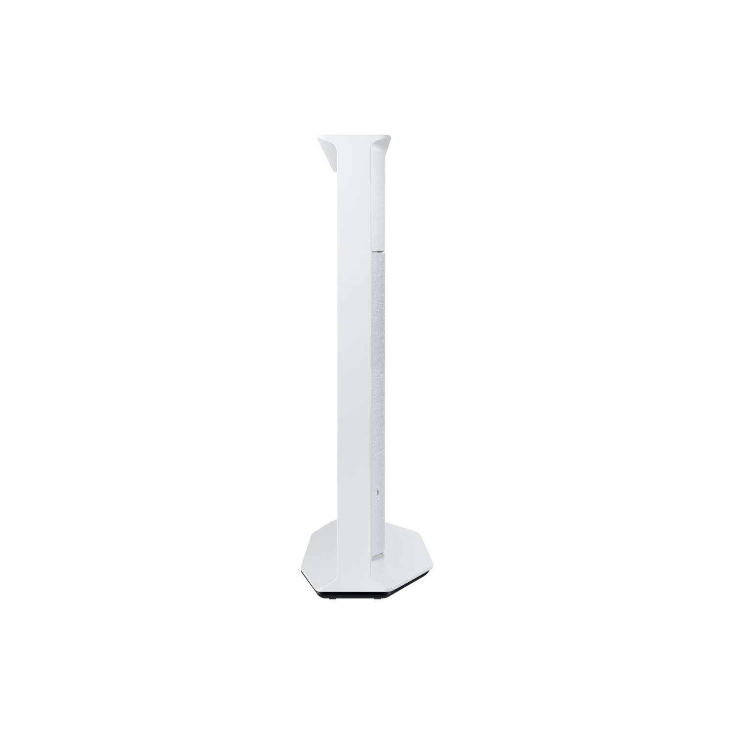 White speaker stand with a tall, slim design. It has a hexagonal base.