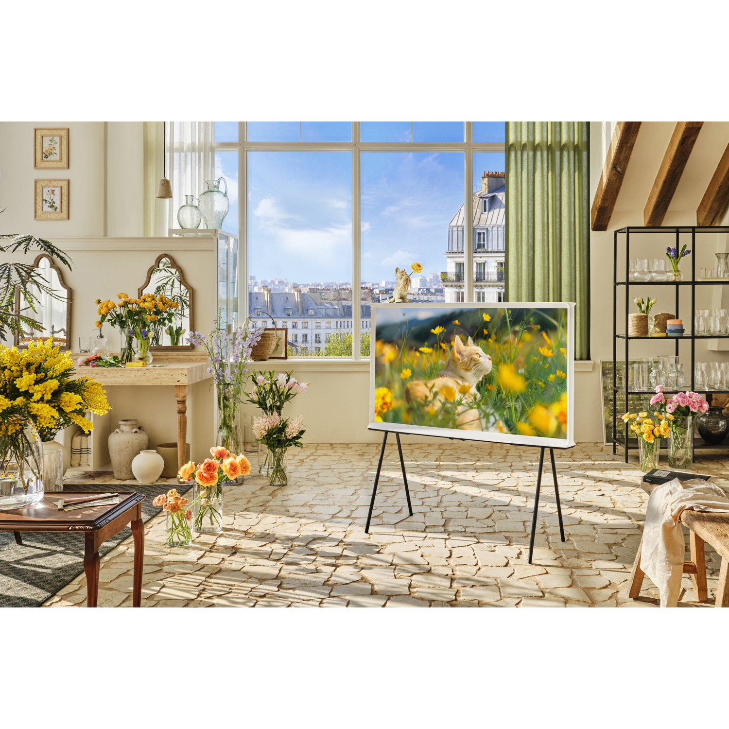 Living room with a TV showing a cat in a flower field. Flowers and city view in the background.