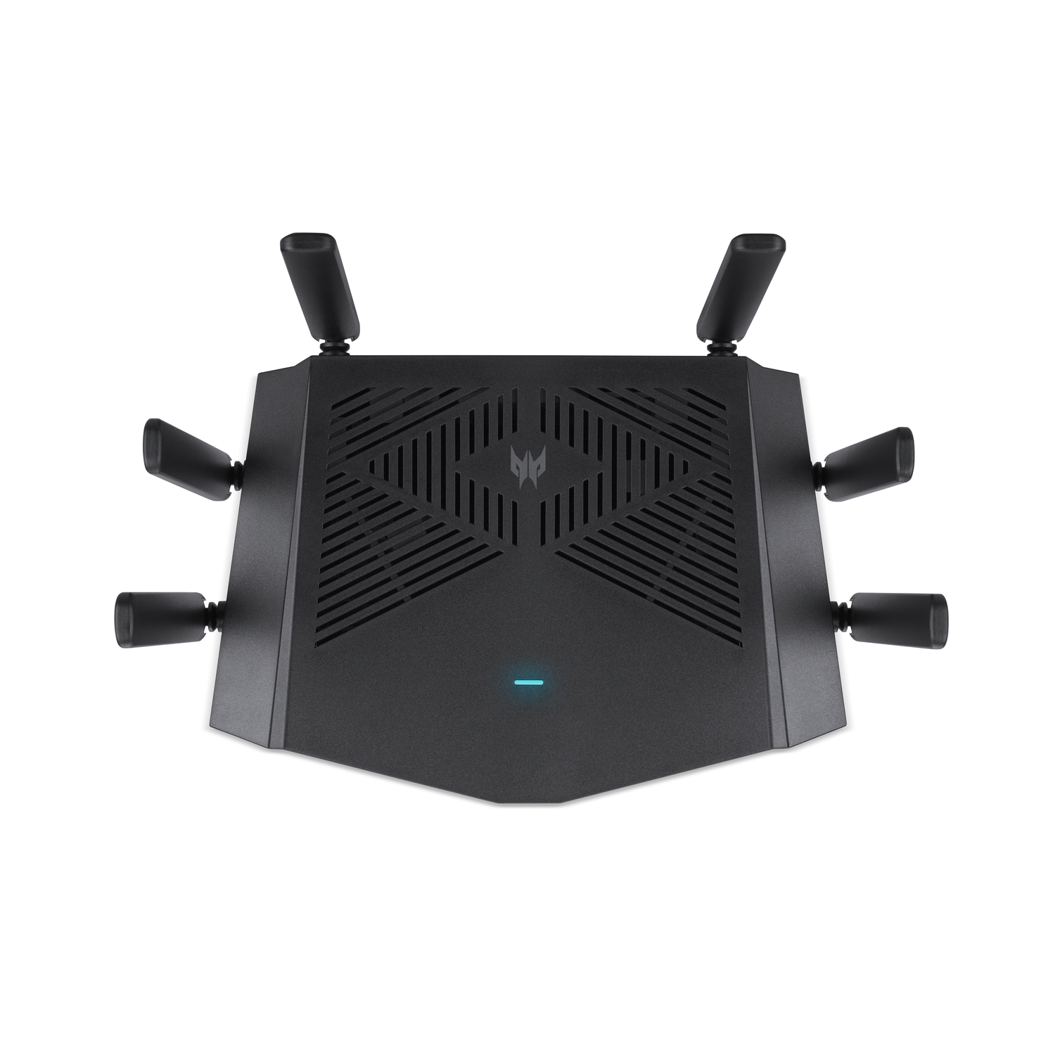 Black Predator router with six antennas and a blue light.