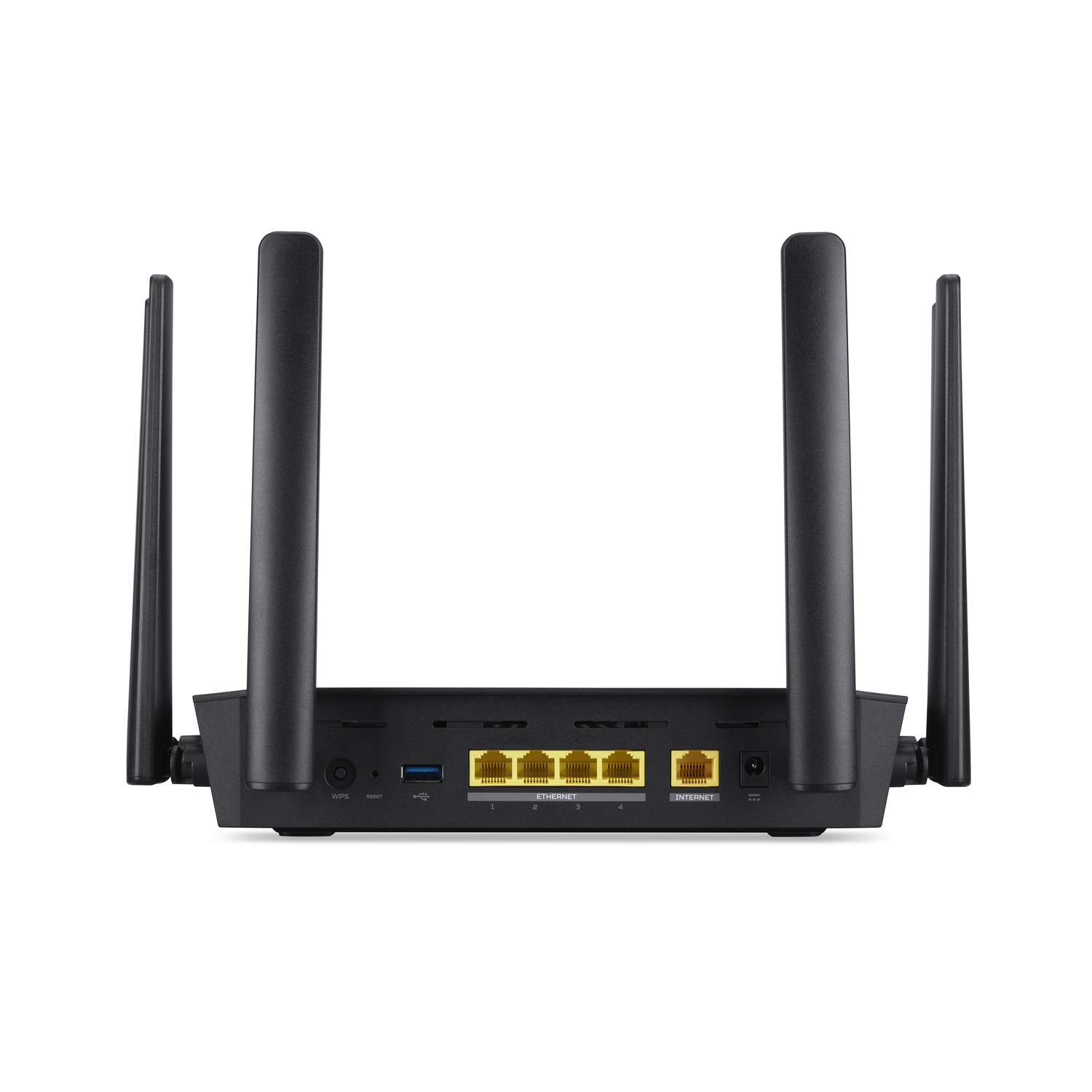 Back of a black router with antennas, ethernet ports, and other connection ports.
