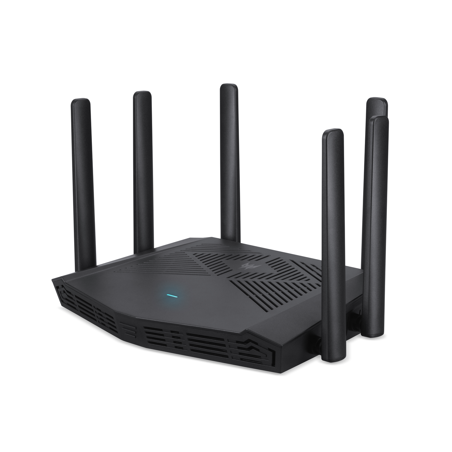 Black router with six antennas. It is on a white surface, with a blue light.