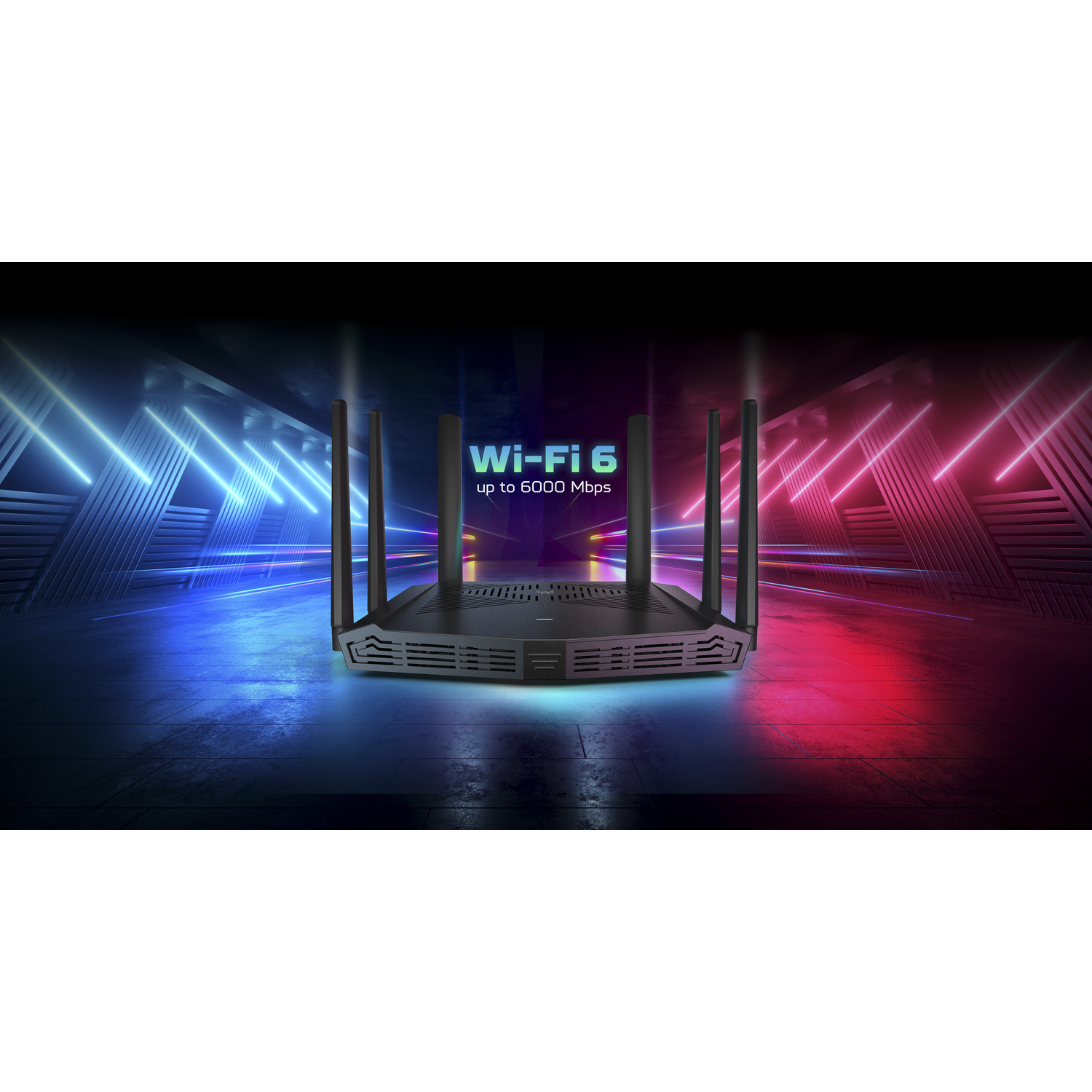 Black router with antennas, Wi-Fi 6 logo, blue and red glowing background.