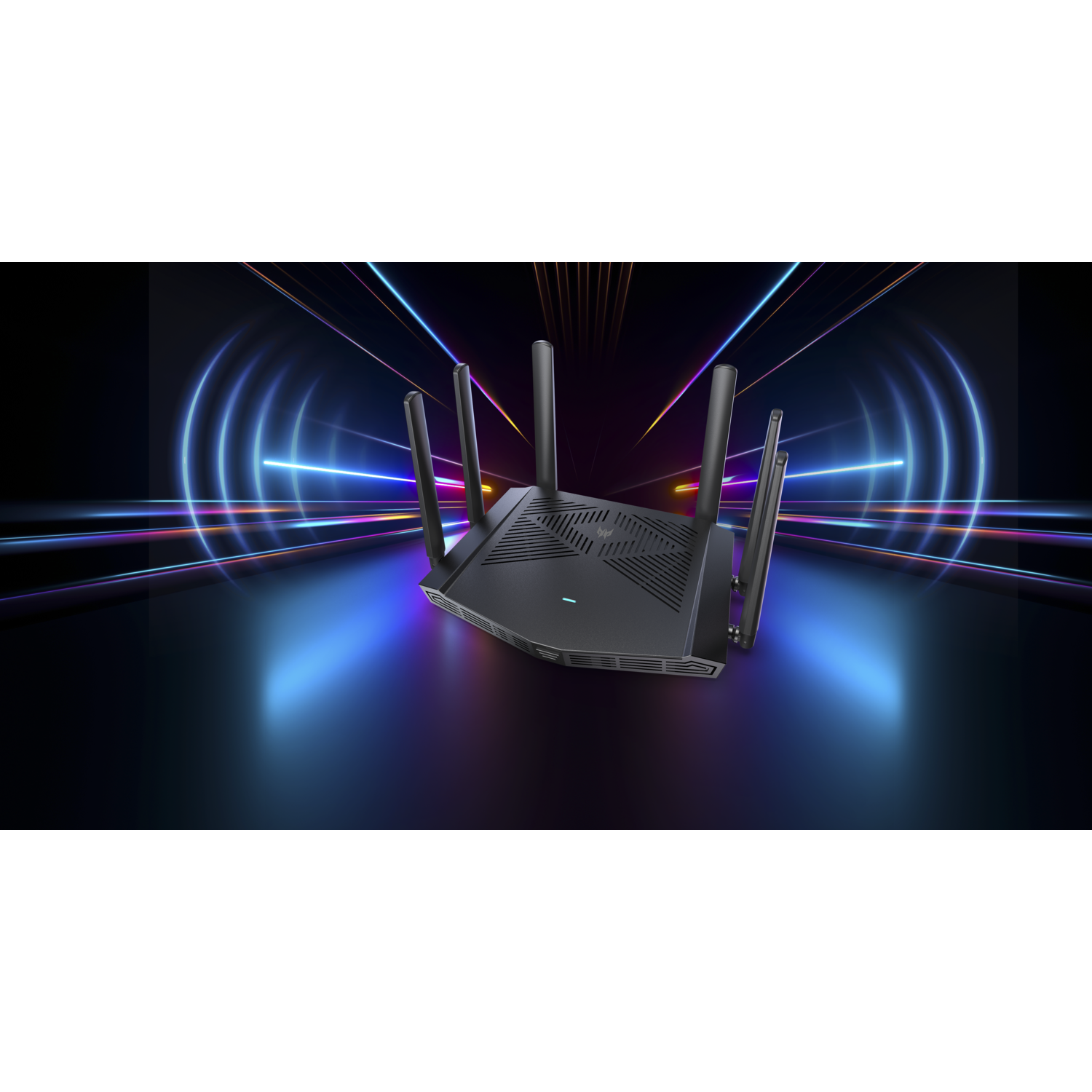 A black router with antennas, with blue and purple neon light trails in the background.