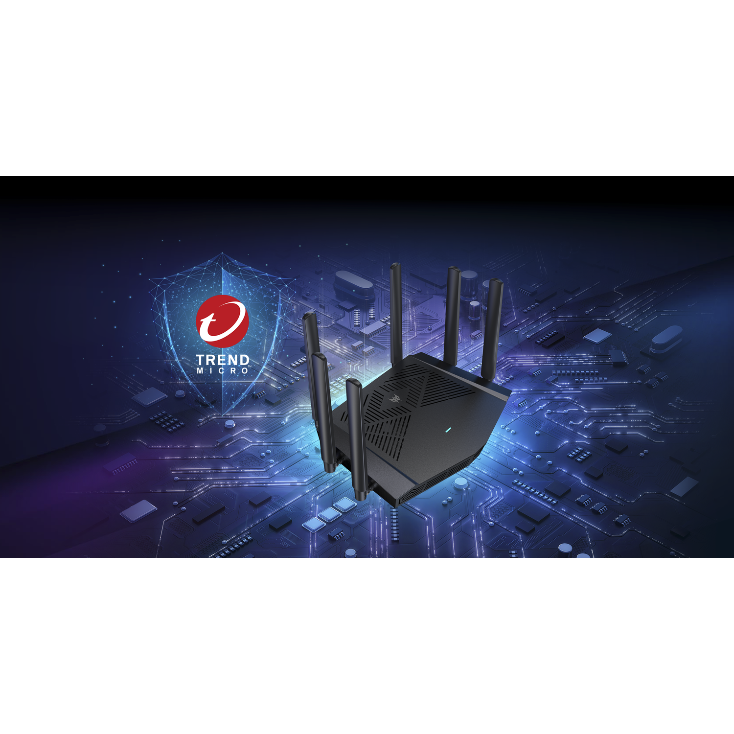 A black router with antennas is on a circuit board background. The Trend Micro logo is also visible.