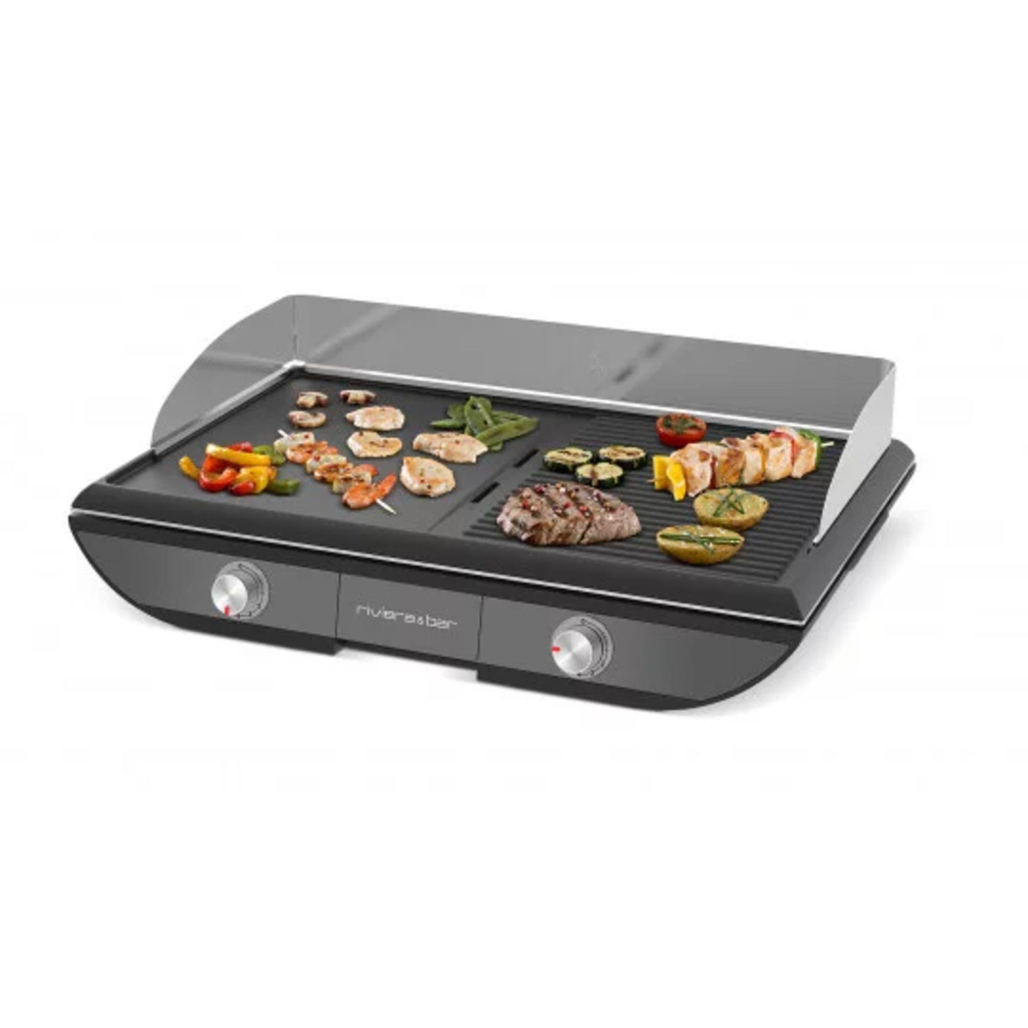 Gril électrique avec aliments. Aliments grillés dessus, boutons de commande en dessous. Fond blanc.