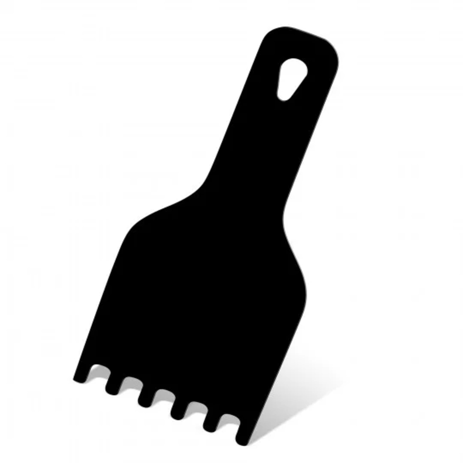 Gratte-glace en plastique noir, incliné contre un fond blanc.