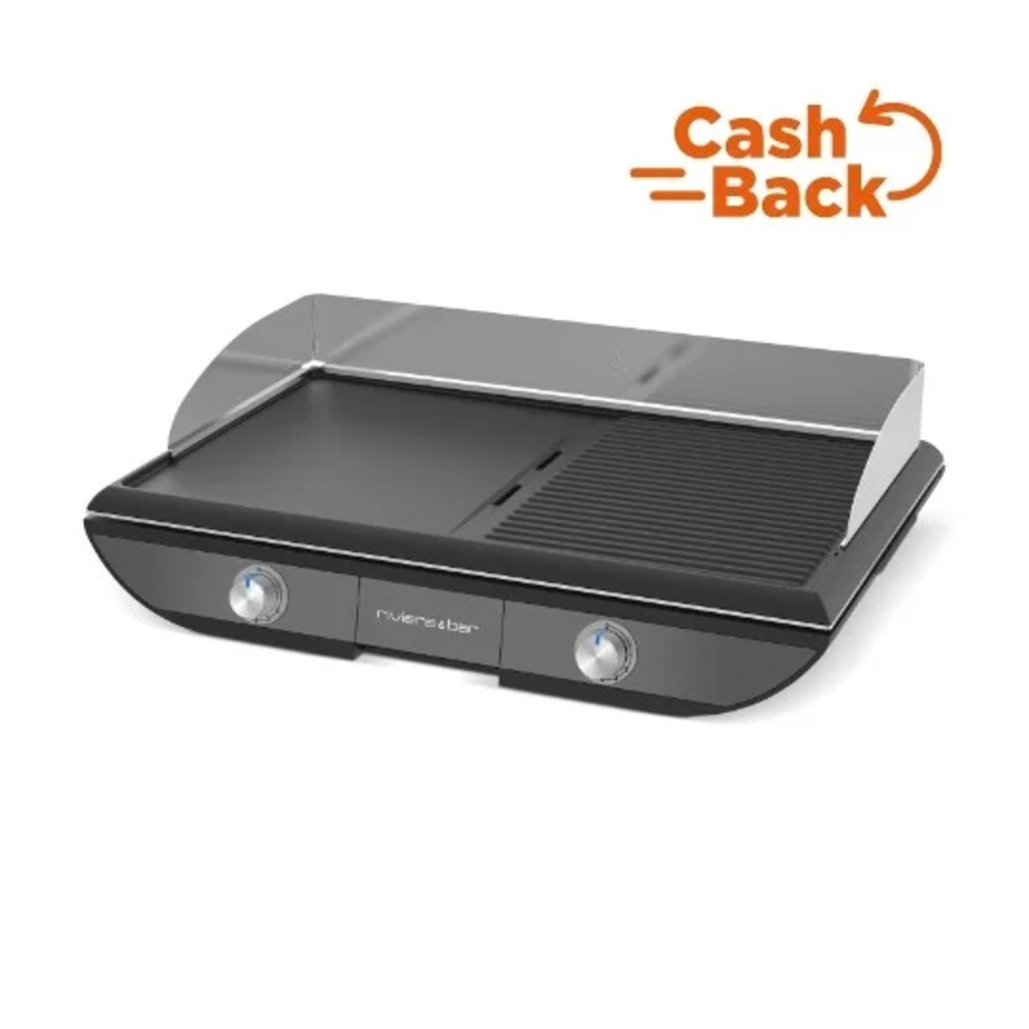 Un grill noir sur fond blanc, avec un panneau "Cash Back".