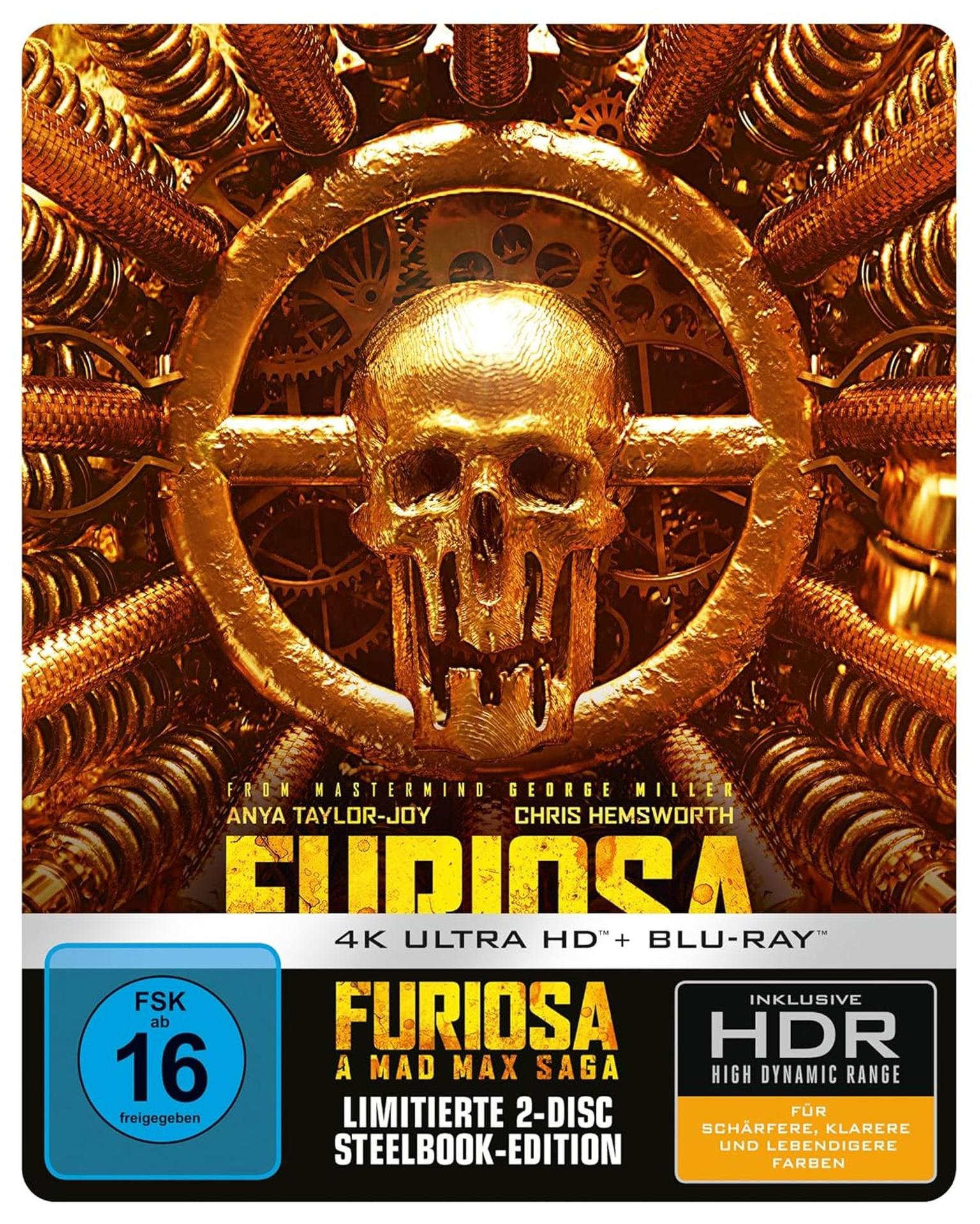 Filmcover, Totenkopf in Zahnrad, Gold und Schwarz. Titel: Furiosa. Die Namen der Schauspieler sind aufgelistet.