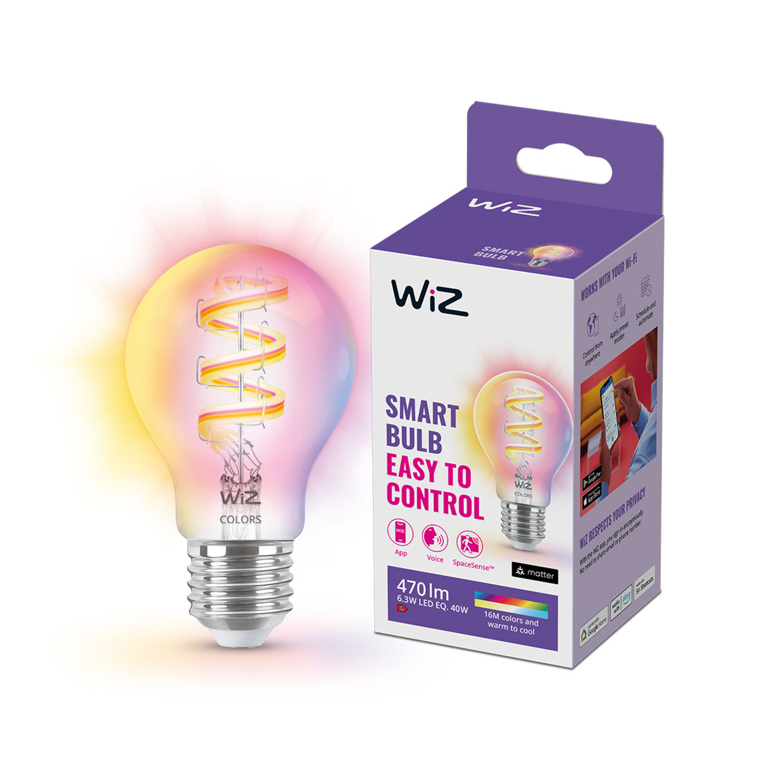 A smart lightbulb with colorful light and a box with text.