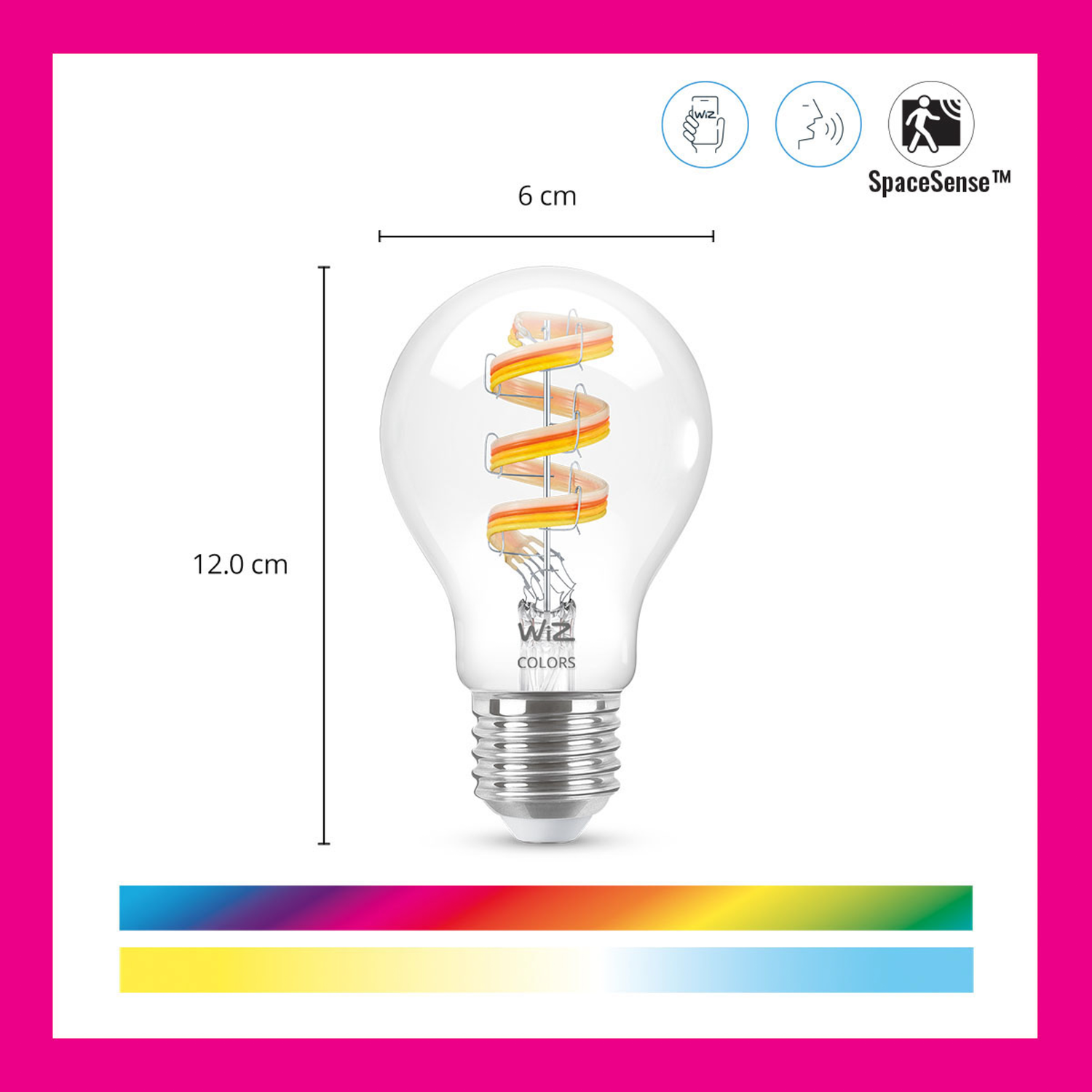 A WiZ LED light bulb in a pink frame. Dimensions are shown with a rainbow color spectrum below.