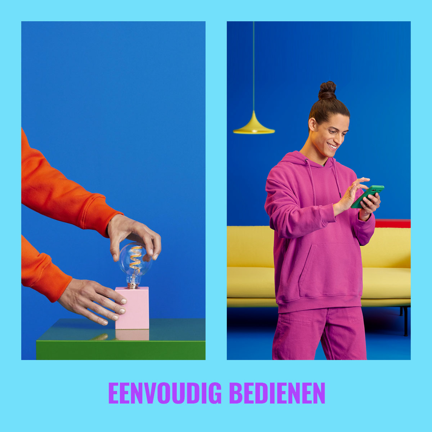 Two images: a man and a lightbulb. Man holds phone. Lightbulb in pink box. Text: Easy to use. Bright blue background.