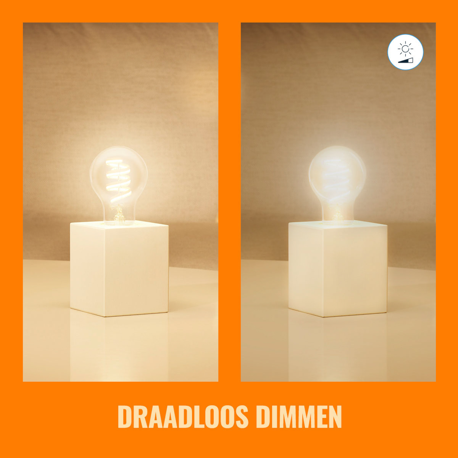 Two images show a light bulb on a white cube, with and without light.