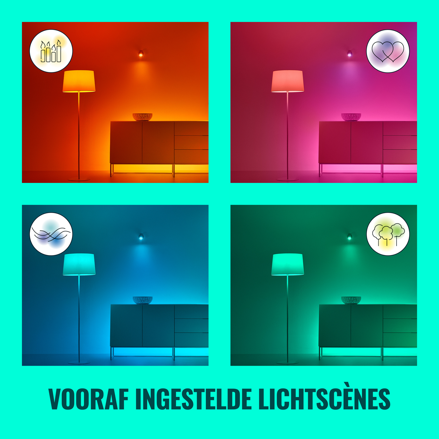 Four images of a lamp with different colored light settings: orange, pink, blue, and green. A white wall behind.