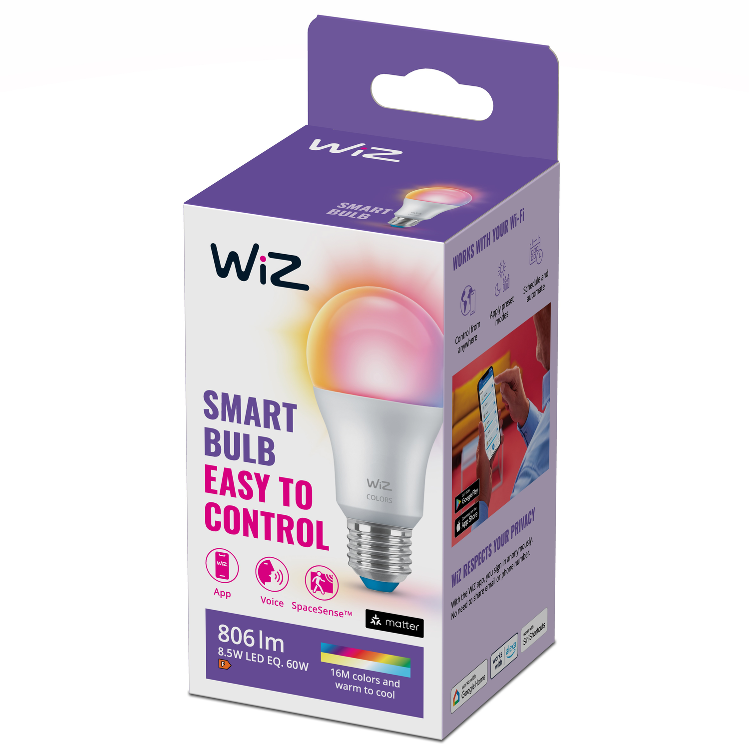 A smart light bulb in a box, with a colorful glow. The box advertises easy control and Wi-Fi compatibility.