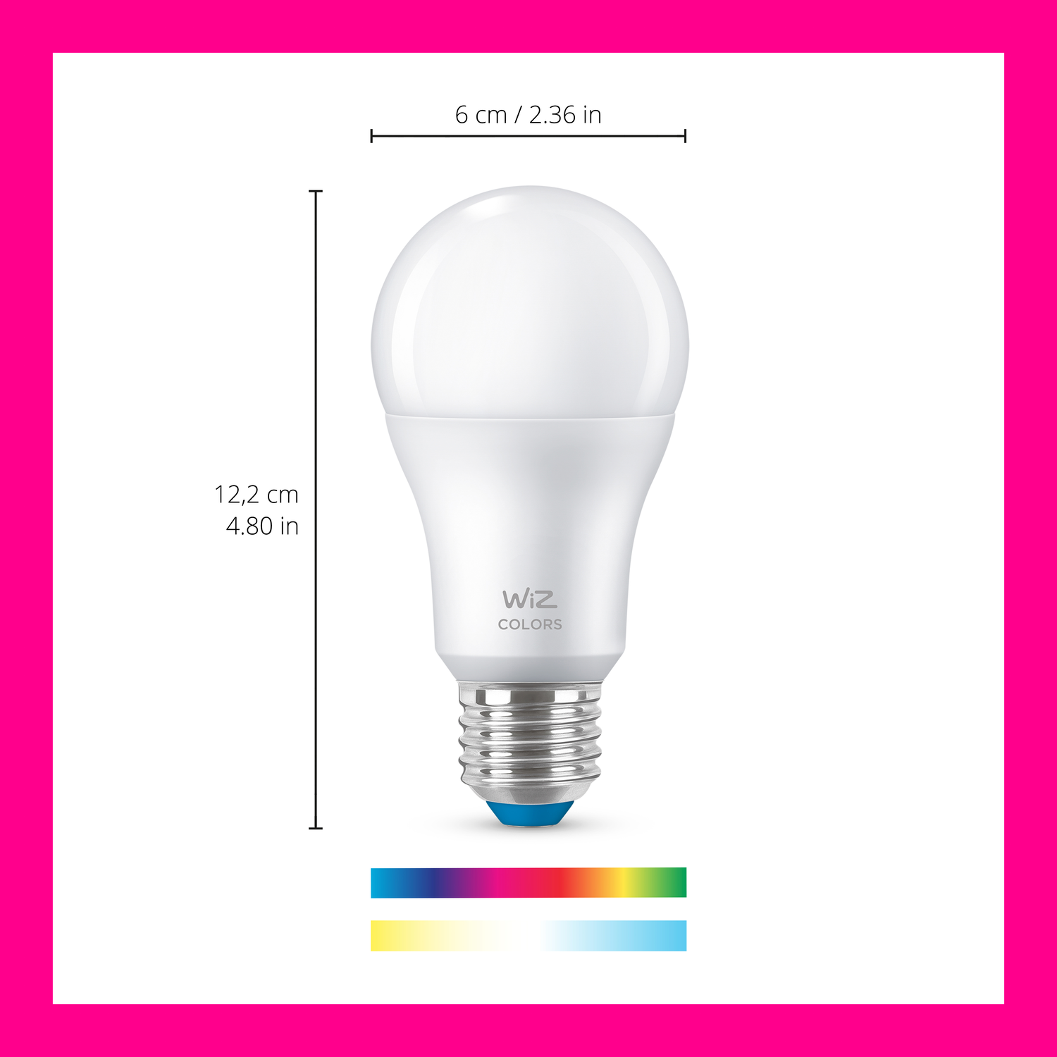White smart LED lightbulb. Dimensions shown. Colors available are displayed at the bottom.