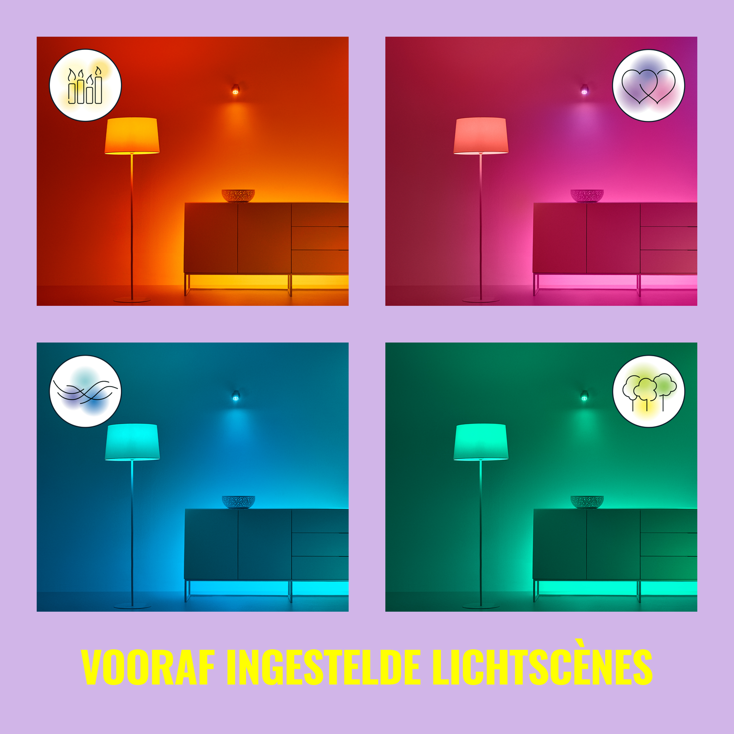 Four images showing a lamp with different color settings: orange, pink, blue, and green.