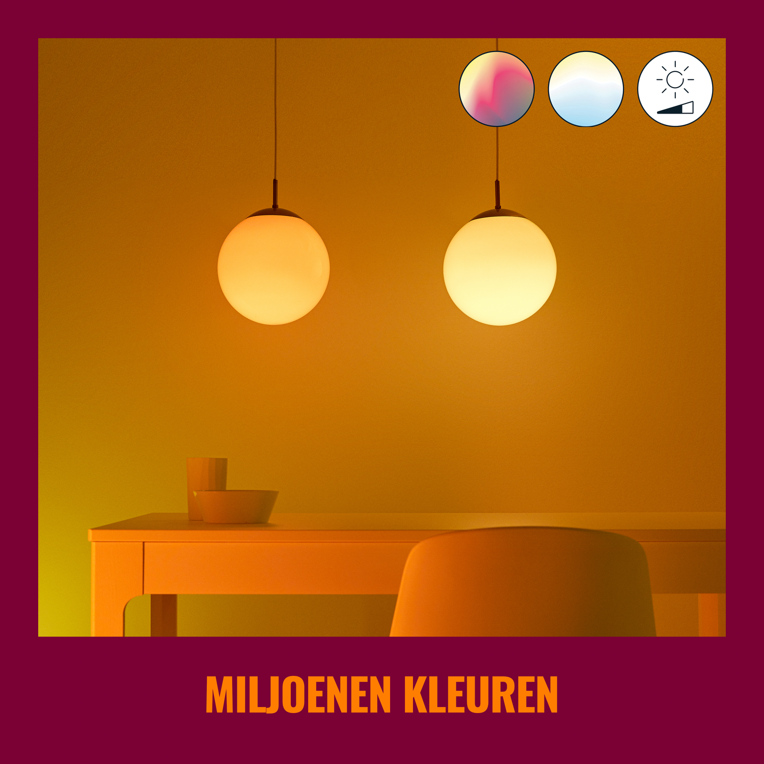 Two hanging globe lights over a table, with a warm background.