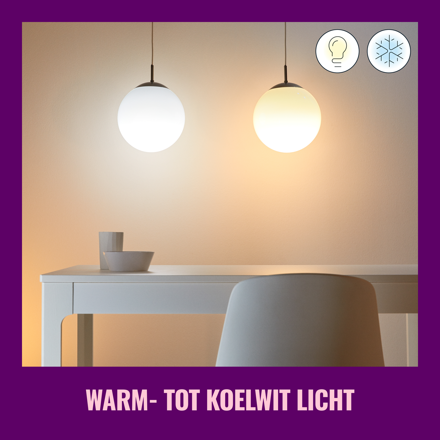 Two pendant lights with round shades, warm and cool light icons above a table with a bowl.