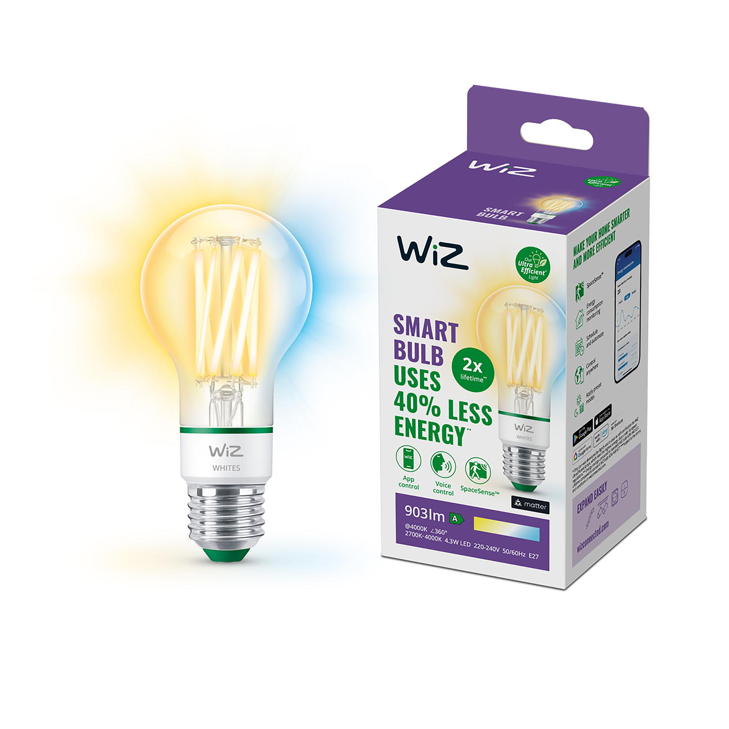 A Wiz smart bulb and its packaging, showing the bulb lit with yellow and blue light.