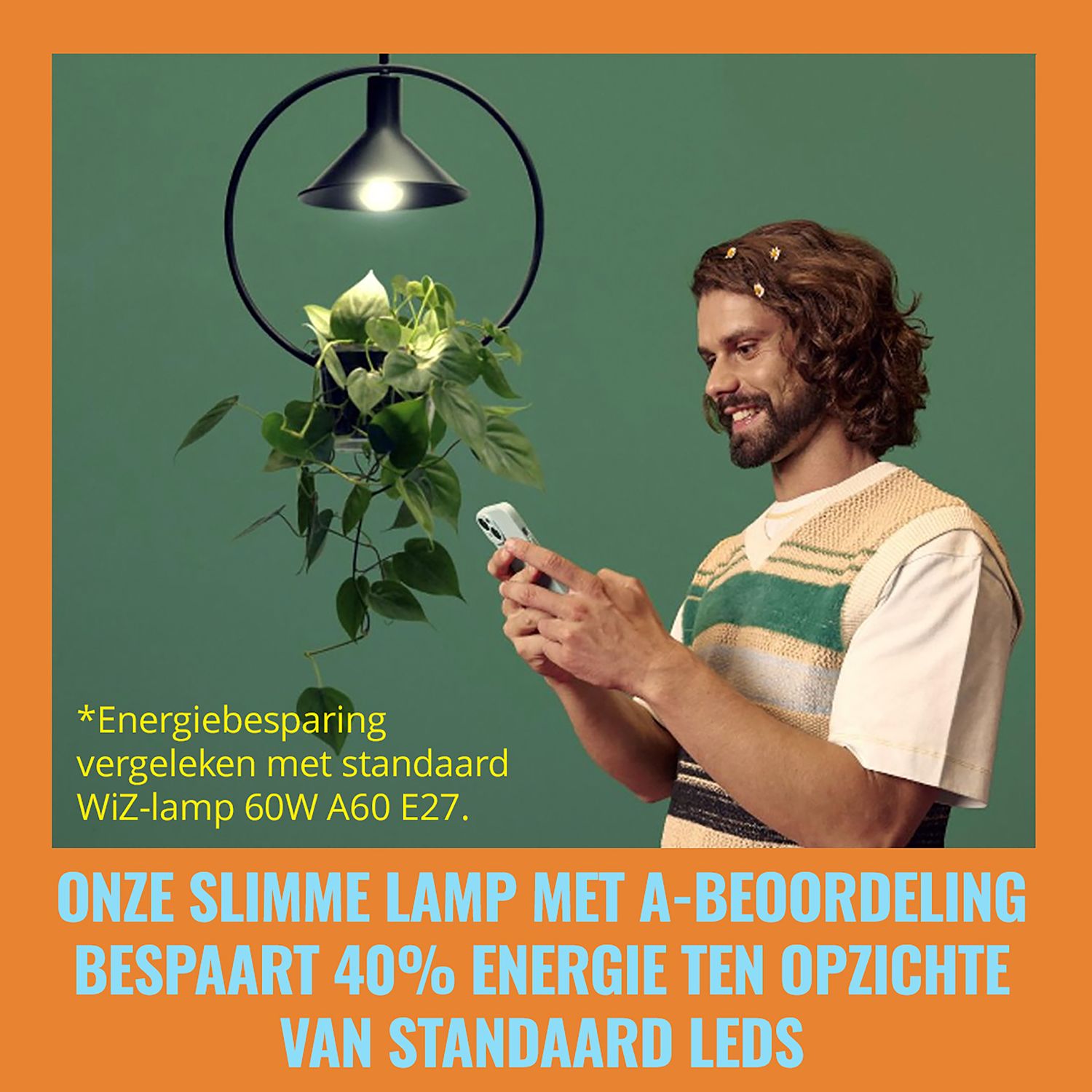 A man with a phone operating a smart bulb. Text promotes energy saving with an A rating.
