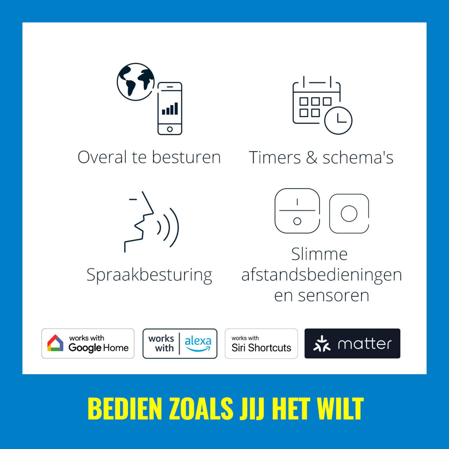 A blue image with icons of smart home devices and text about control options.
