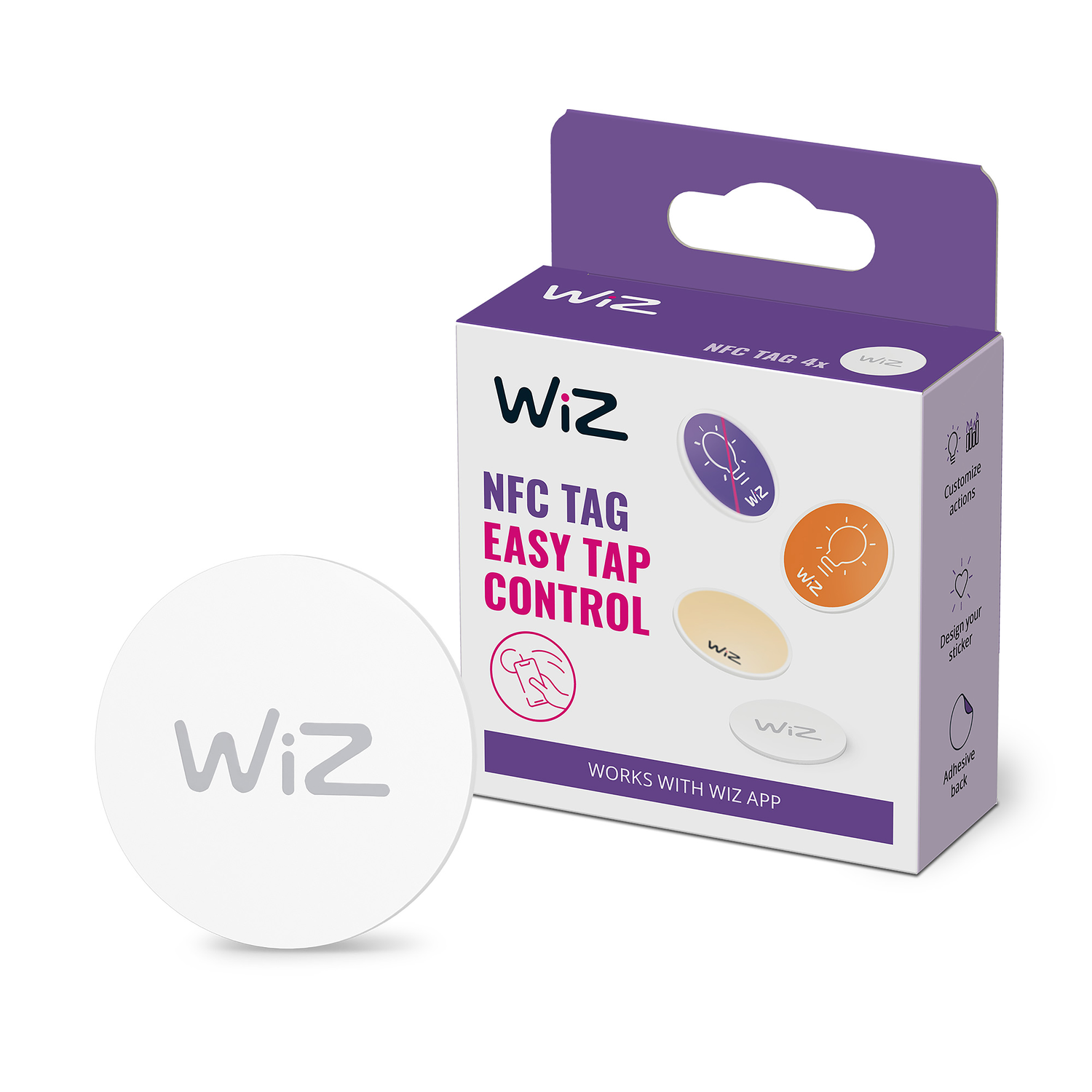 Een witte Wiz NFC-tag en doos. Doos toont verschillende pictogrammen en tekst over het product.
