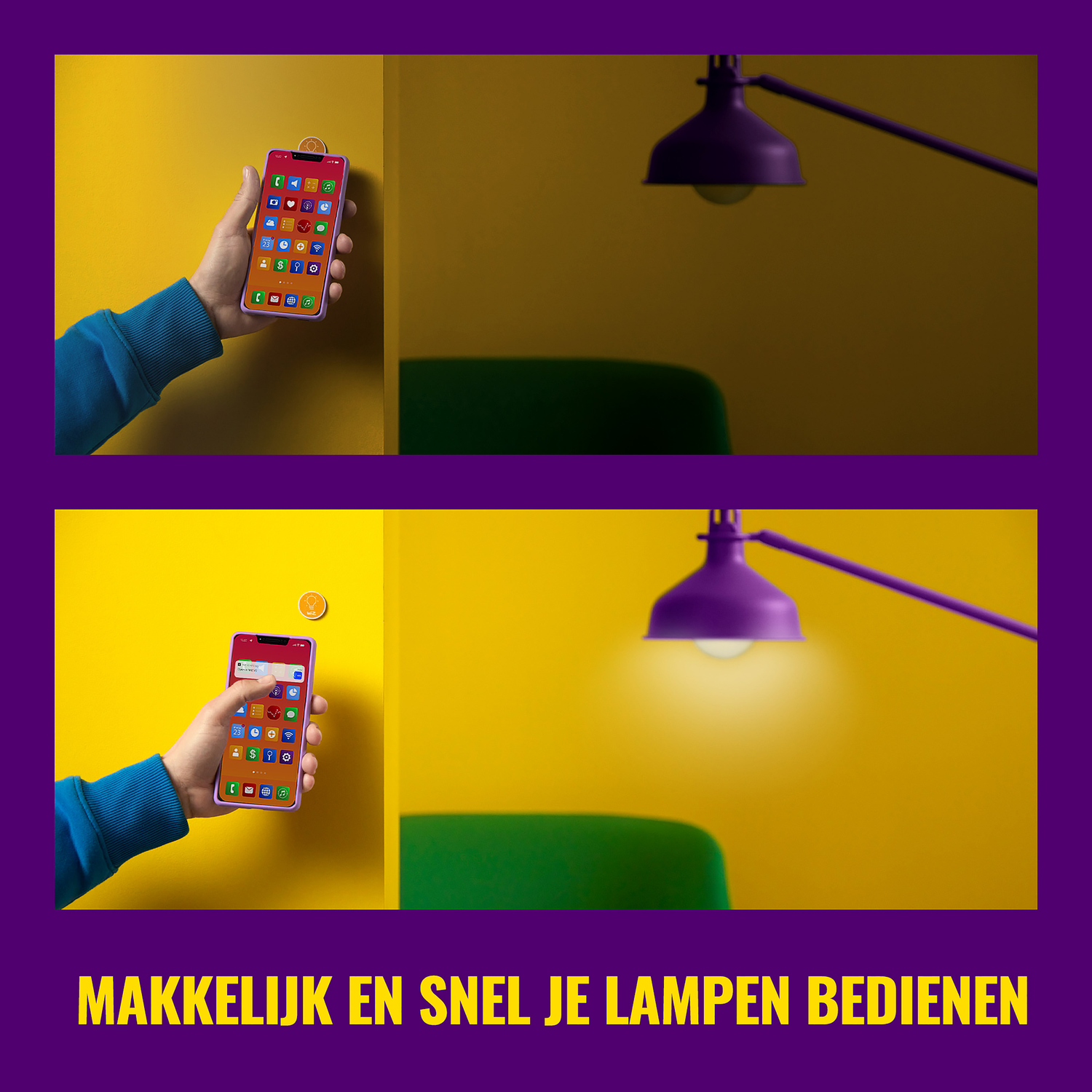 Twee afbeeldingen. Een hand die een telefoon vasthoudt. Boven, het licht is uit. Onder, het licht is aan.