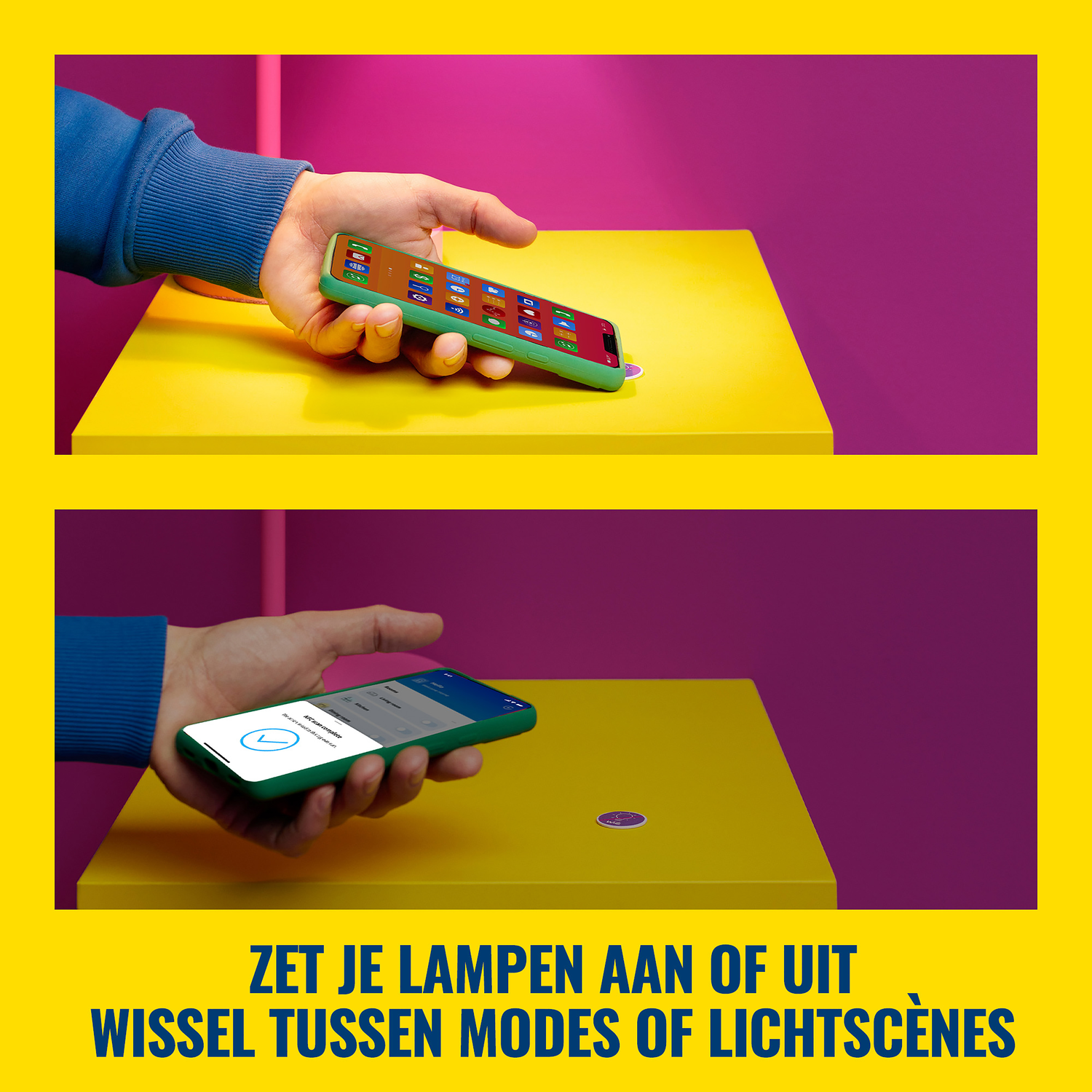 Twee afbeeldingen van een telefoon op een gele ondergrond. Tekst: lampen aan/uit, lichtmodi schakelen.
