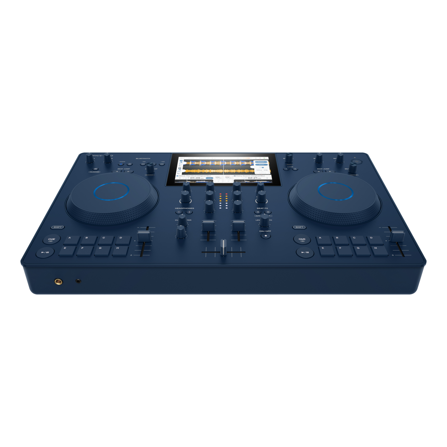 Blue DJ controller with buttons, knobs, a screen, and two circular jog wheels.