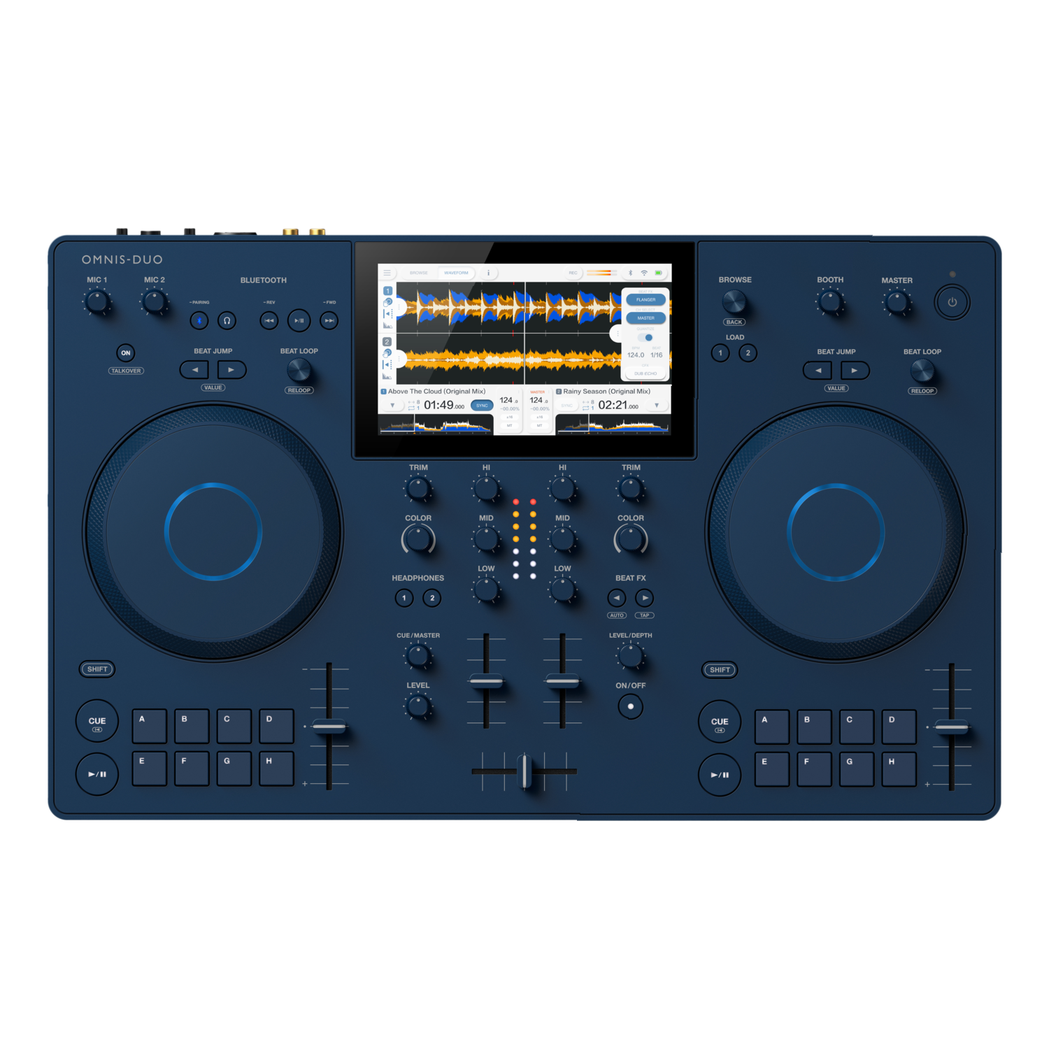 A dark blue DJ controller with multiple knobs.