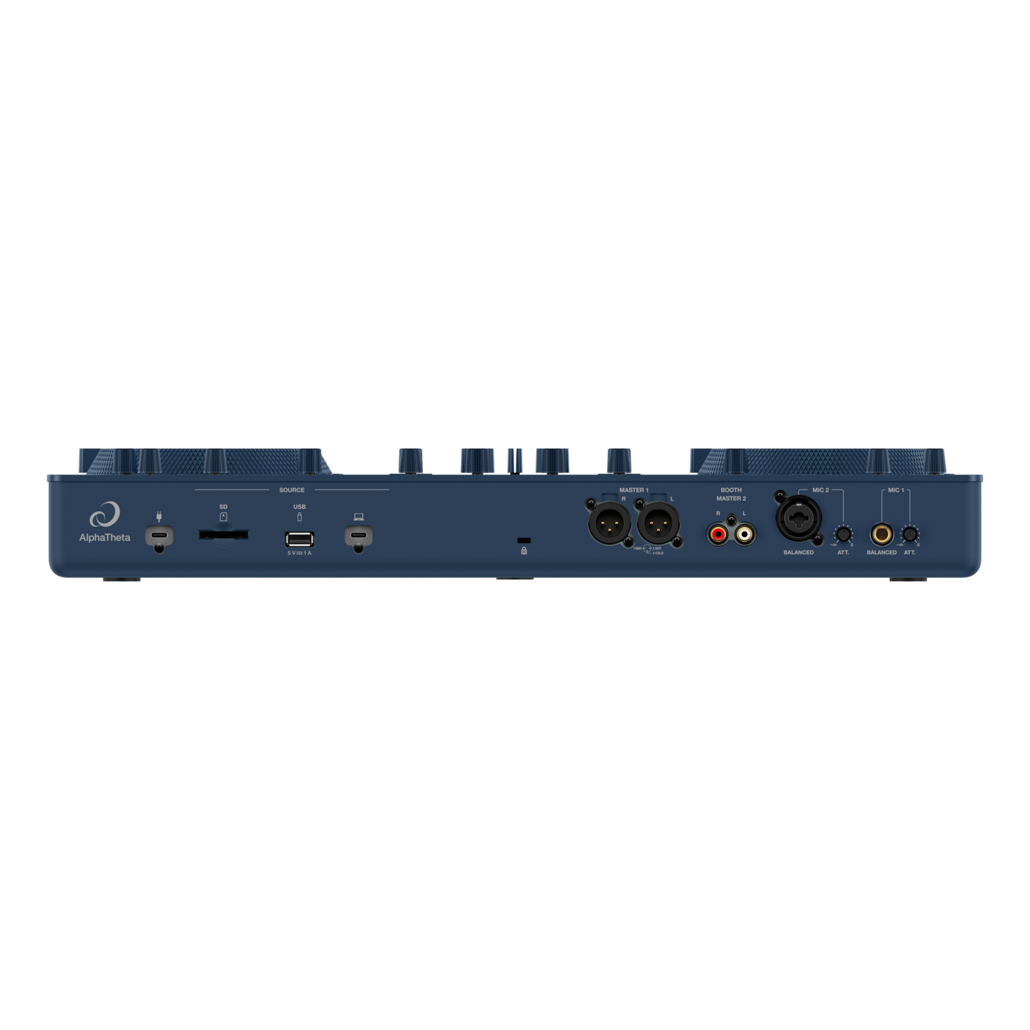 A dark blue DJ controller with various ports, buttons, and knobs, and the AlphaTheta logo.