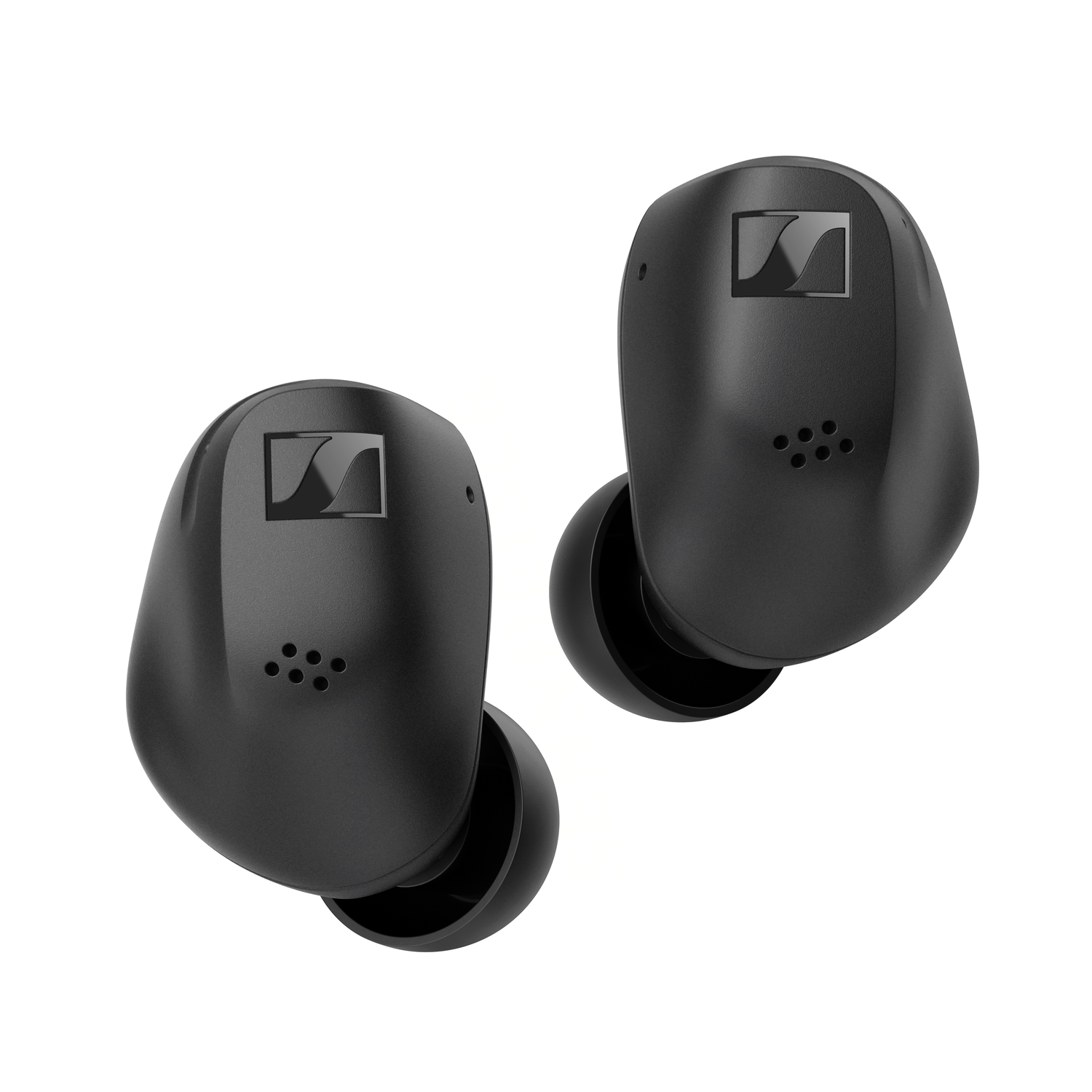 Two black wireless earbuds with the Sennheiser logo, designed for in-ear use, appear against a white backdrop.