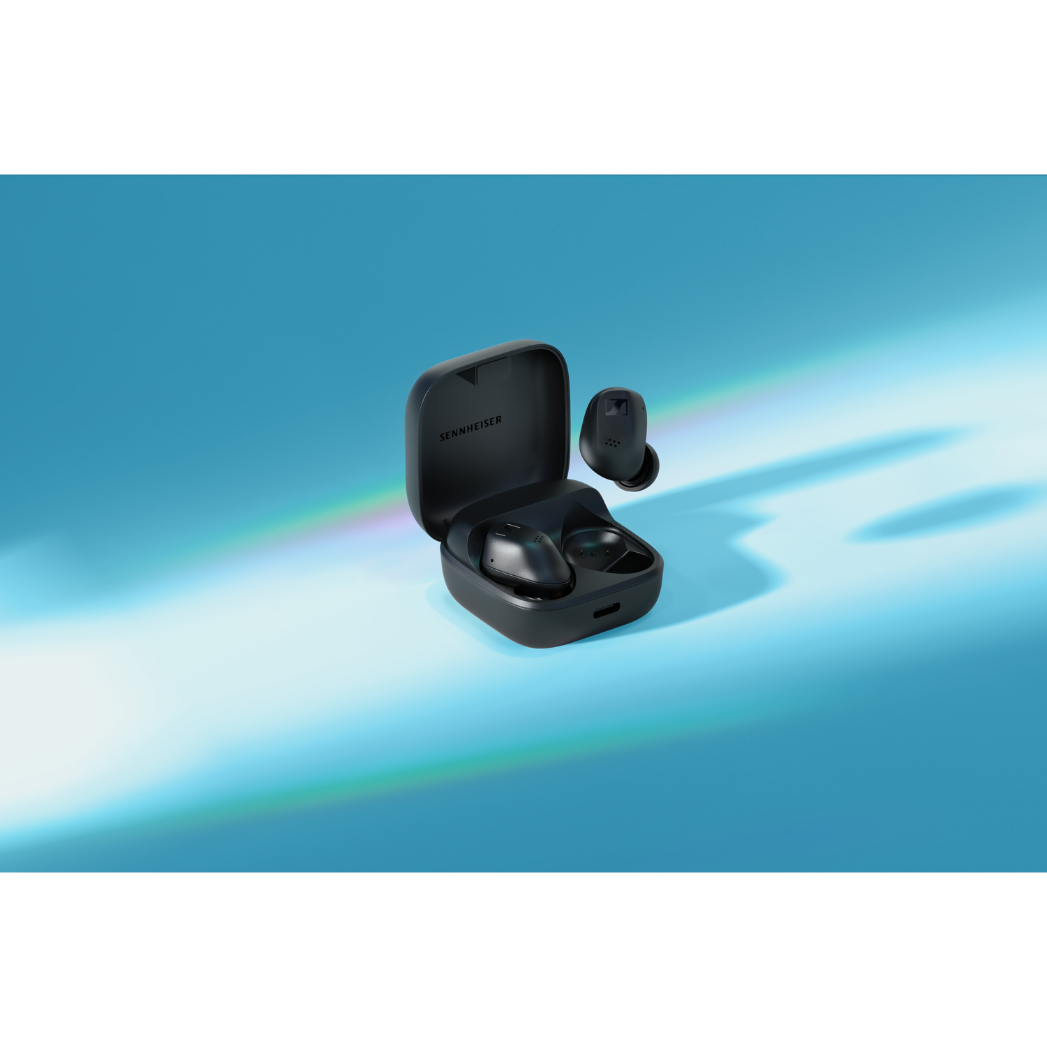 Open black earbud case with earbuds inside, on a blue gradient background.