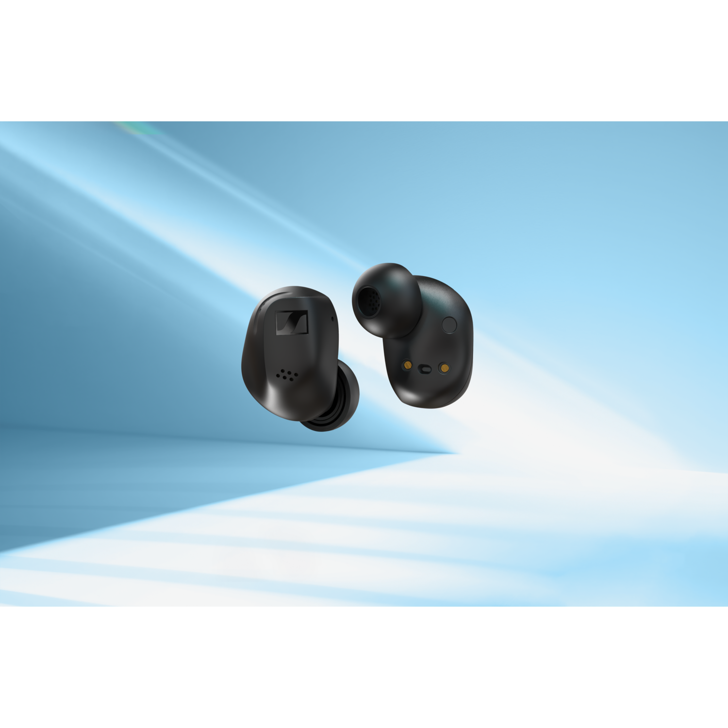 A pair of black Sennheiser wireless earbuds are shown against a blue and white gradient background.