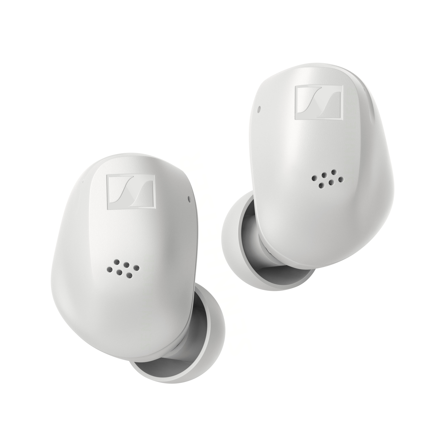 Two white Sennheiser earbuds, angled slightly, on a white background.