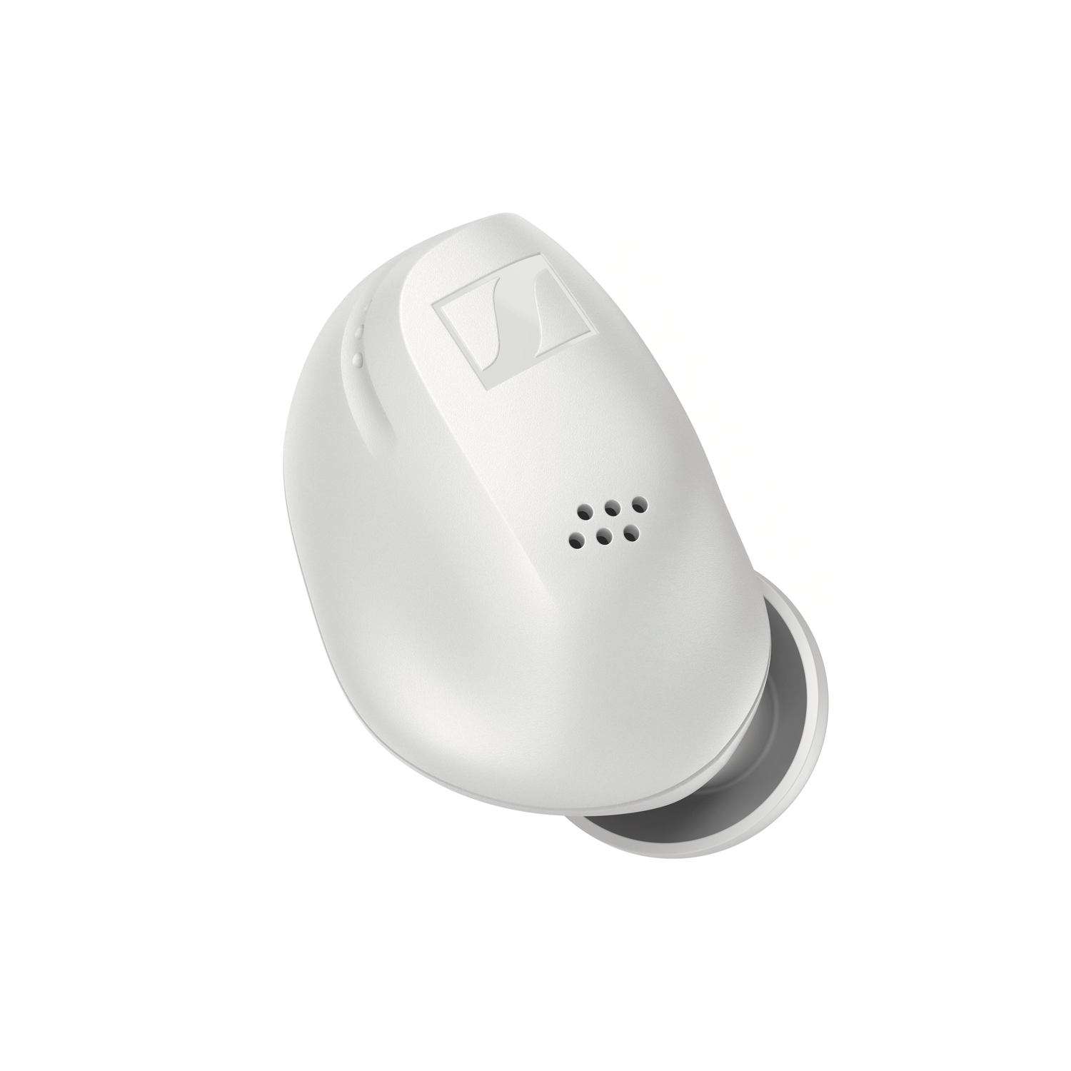 White earbud with a logo and a few holes, angled, against a white background.